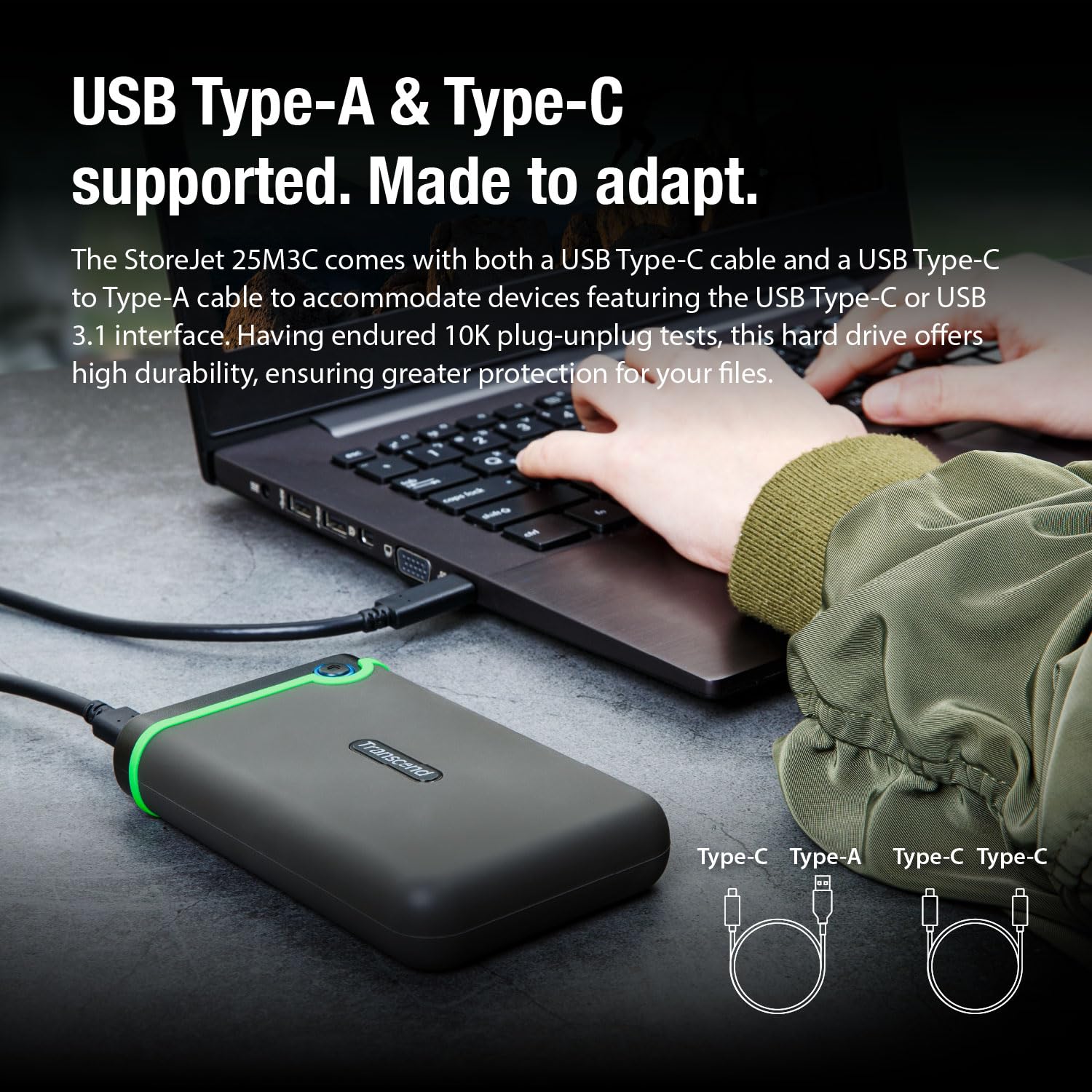 Transcend 4TB USB-C External Hard Drive | Shockproof Portable HDD | USB 3.1 Gen 1 | StoreJet TS4TSJ25M3C | Perfect for Mac/PC Backup, Travel & Outdoor Use