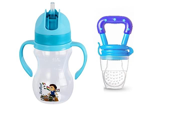 Weighted Flexi Straw Trainer Cup with Fresh Food Nibbler - 2 Pack Baby Bottles for Breastfed Infants | Leak-Proof Silicone Fruit Feeder & Pacifier for On-the-Go Feeding