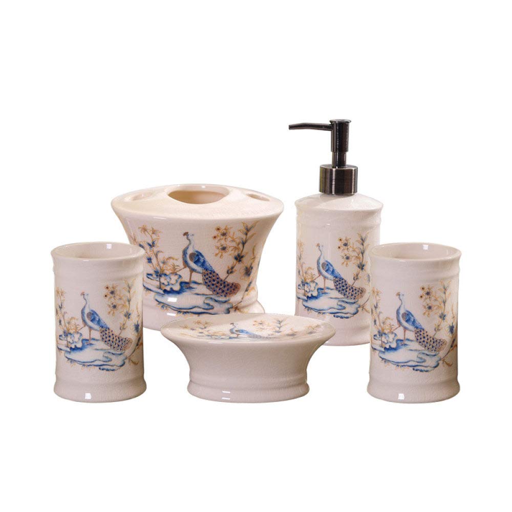 Vintage Ceramic Bathroom Accessories Set - 5 Piece Blue Peacock Beige Soap Dispenser, 2 Tumblers, Soap Dish & Toothbrush Holder for Home, Hotel Vanity Countertop Decor | Elegant Bathroom Organization & Stylish Décor