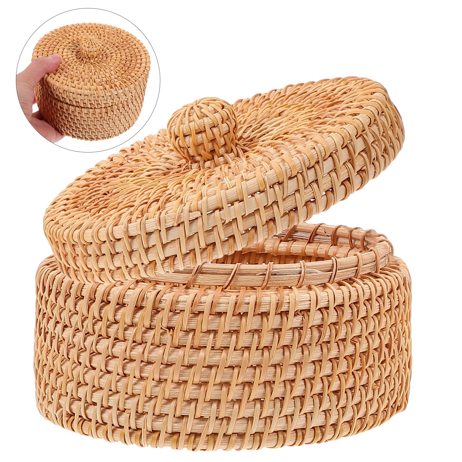 Small Wicker Basket with Lid - Mini Rattan Storage Organizer, Round Handwoven Box for Snacks, Tea Bags, Chess Pieces & Home Decor | Natural Light Brown | Perfect for Kitchen, Bathroom & Living Room Organization