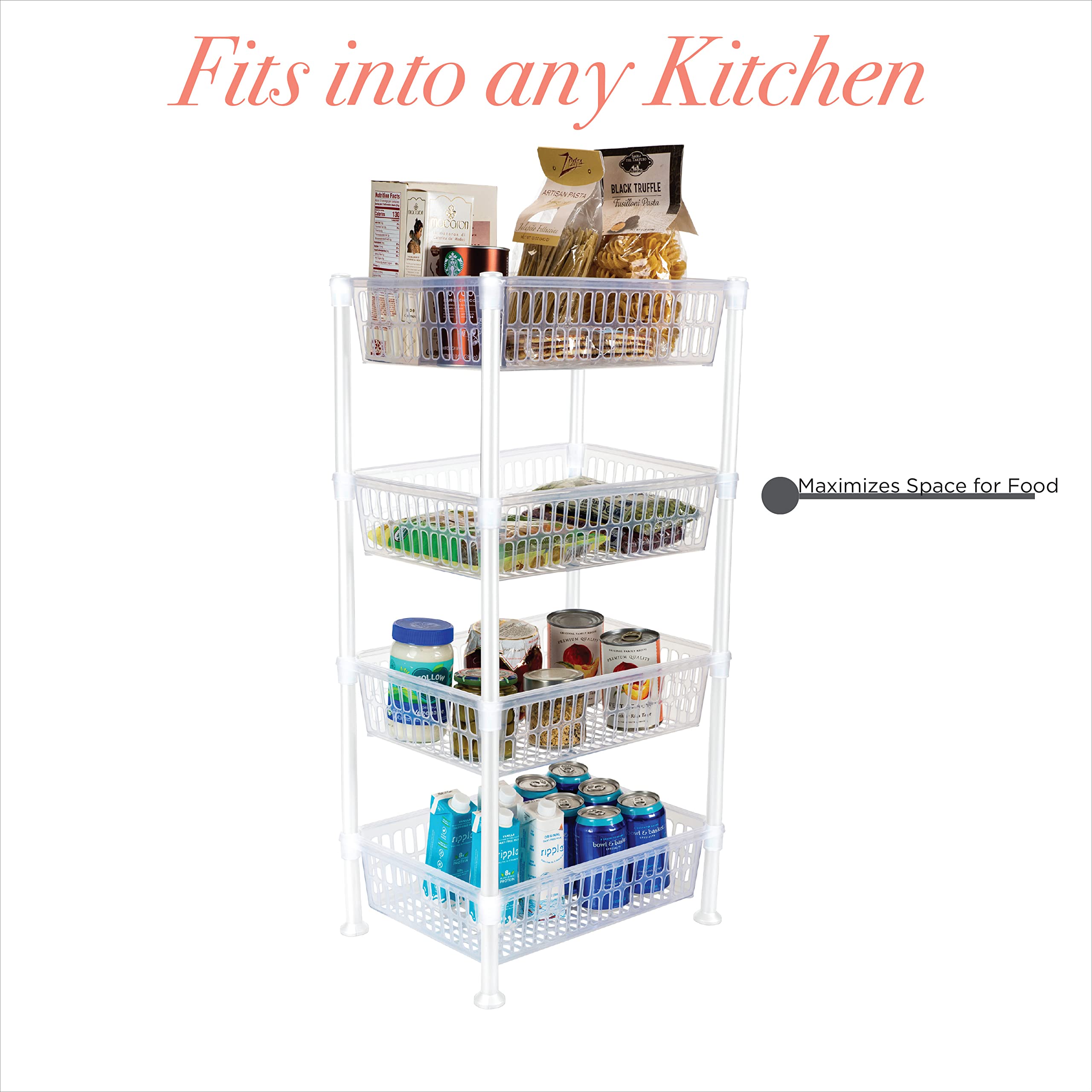 4-Tier Slim Basket Shelf Rack for Kitchen Storage & Organization - Space-Saving Organizer for Pantry, Bathroom, Laundry Room & Office - Perfect for Food, Supplies & Household Items (White) - Ideal for Small Spaces & Clutter-Free Homes