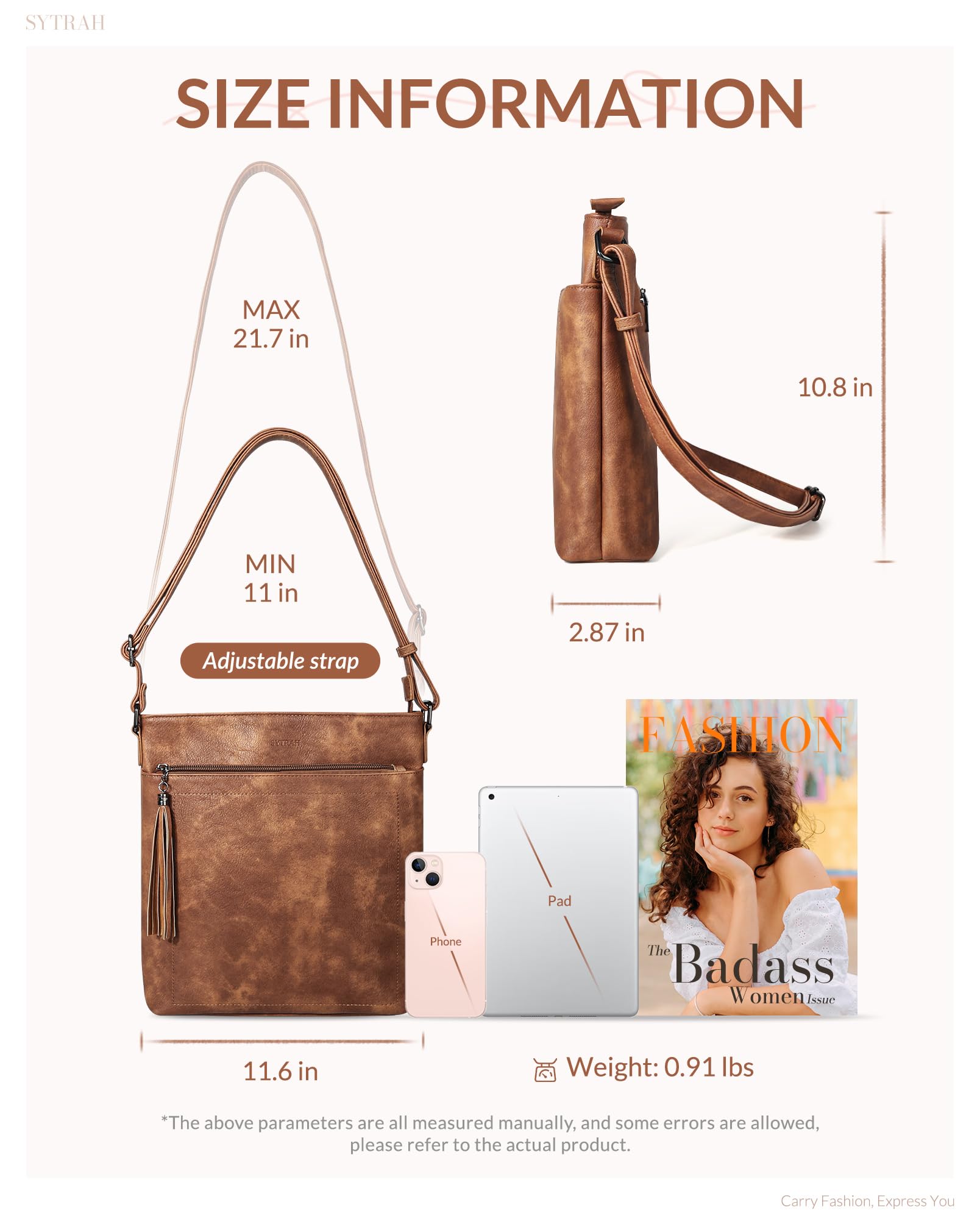 Premium Vegan Leather Crossbody Bag for Women - Adjustable Strap Lightweight Shoulder Purse with Tassel | Perfect for Work, Travel & Everyday Use