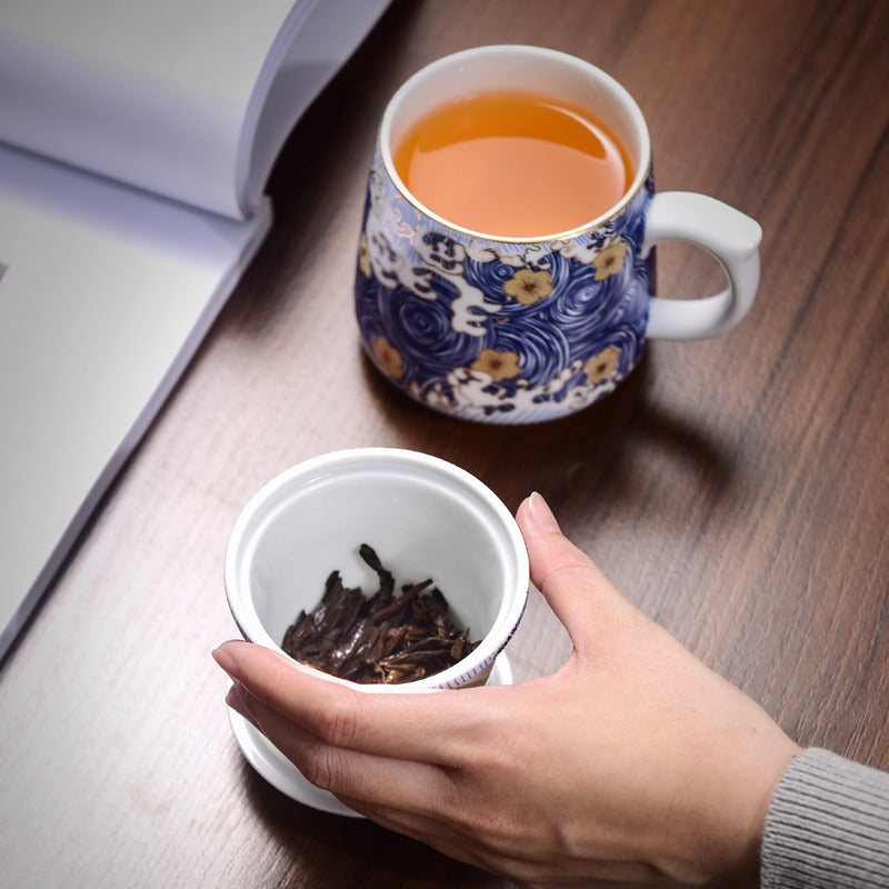 Premium Chinese Sea Wave Ceramic Tea Cup with Removable Infuser - Perfect for Office, Home, and Relaxation