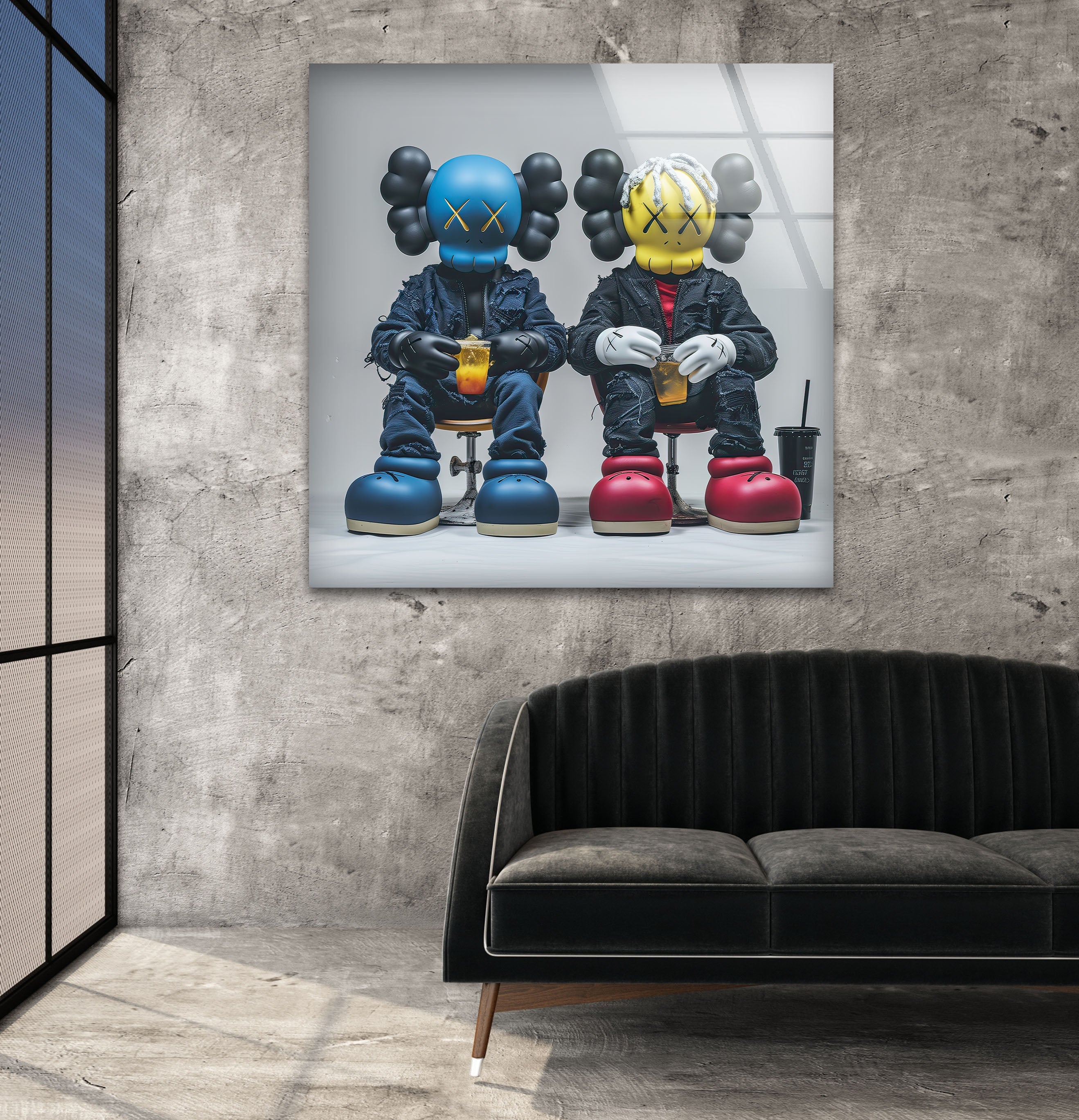 Blue & Yellow KAWS Wall Art Glass Decor - Modern Home & Office Decor for Living Room, Bedroom, or Gift