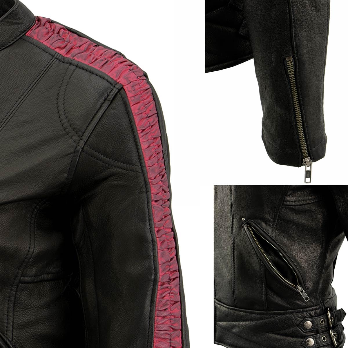Milwaukee Leather MLL2571 Women's Black & Pink Crinkled Arm Lightweight Racer Jacket - Large Size | Stylish Motorcycle Riding Gear for Women