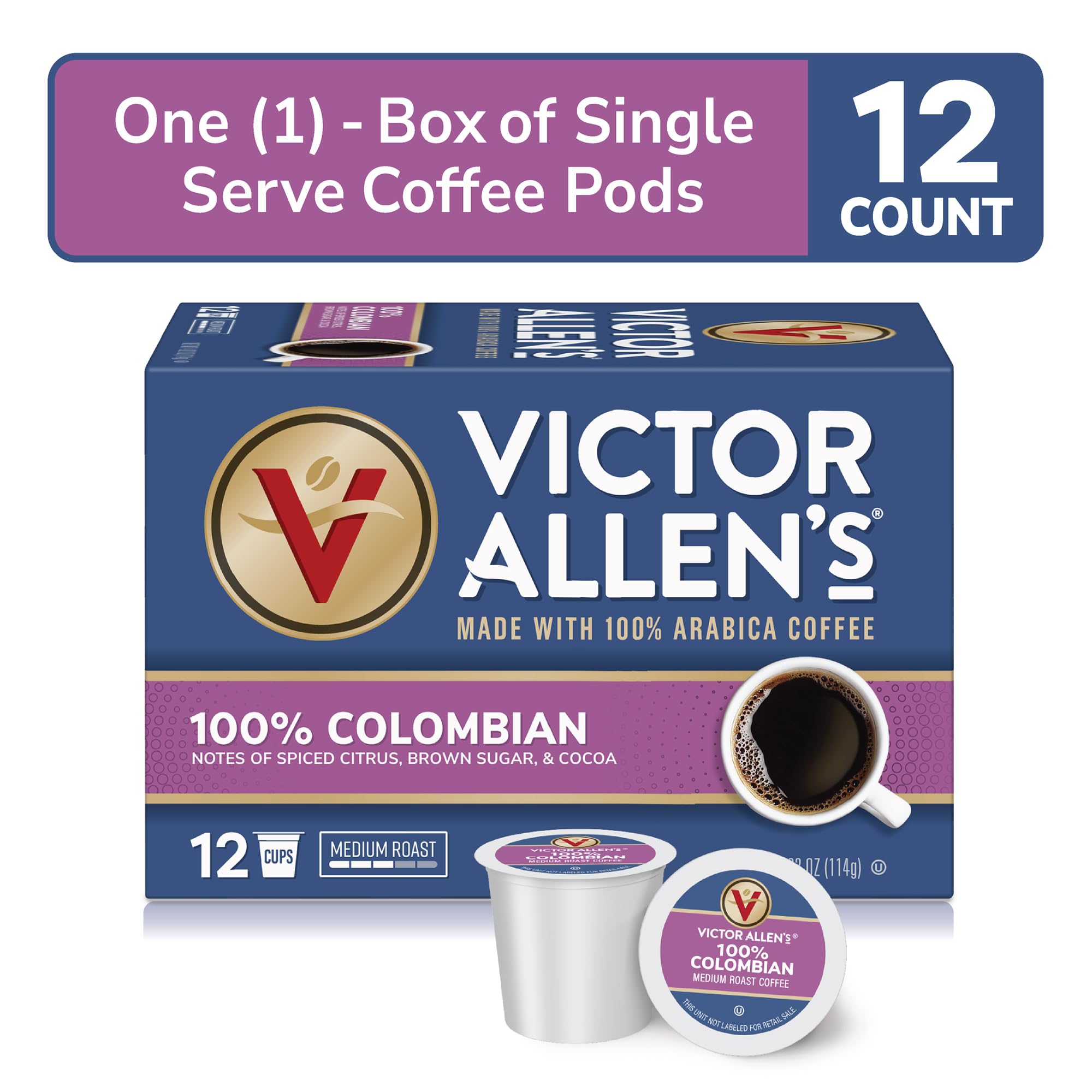 Victor Allen's Coffee 100% Colombian Medium Roast K-Cup Pods - 12 Count Single Serve Coffee for Keurig Brewers - Perfect for Home, Office & Morning Energy Boost