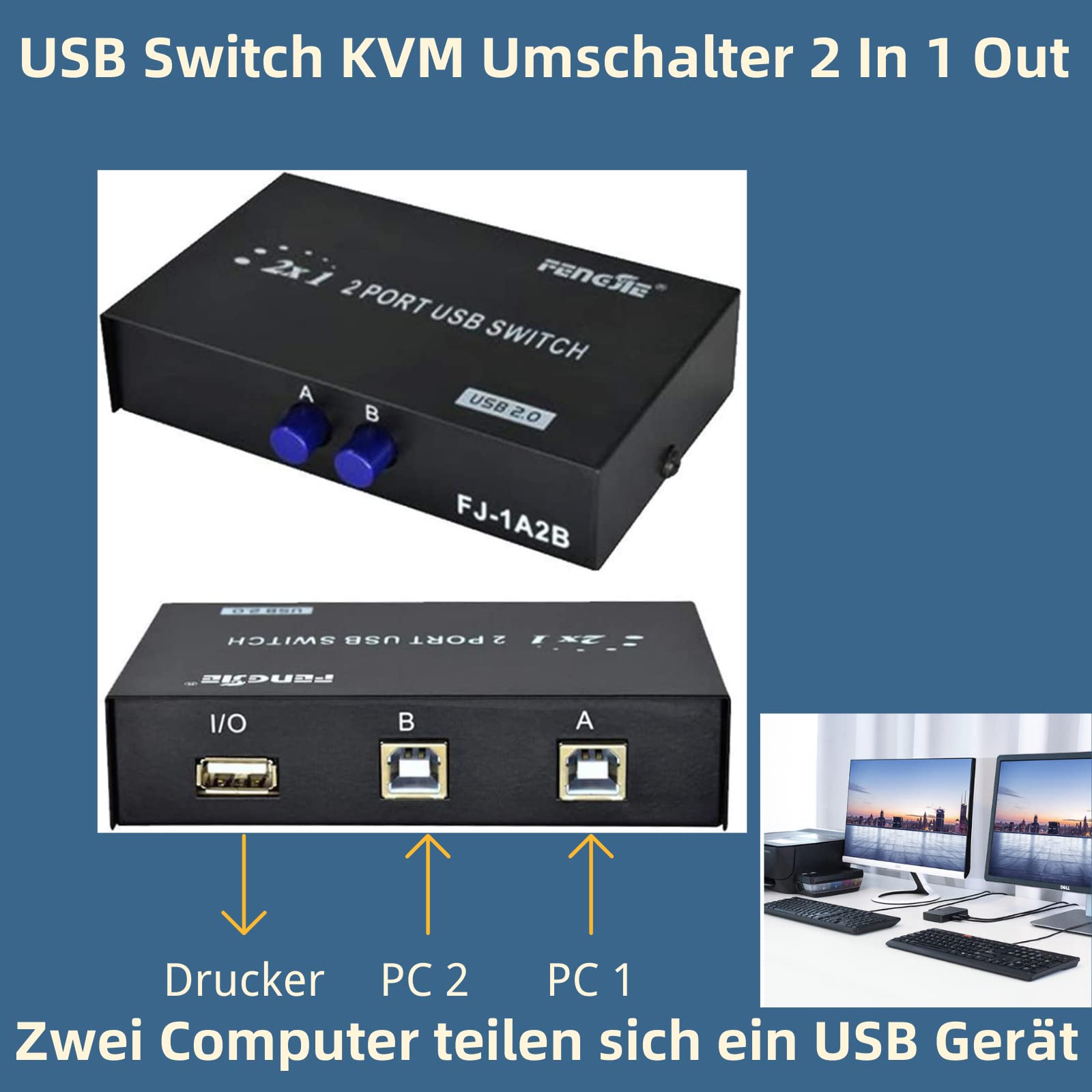 2-Port USB 2.0 KVM Switch - I43C USB Sharing Hub for Printer, Scanner, Keyboard & Mouse (2-in-1 Out) with One-Touch Button | Perfect for Home Office & Multi-Device Workstations