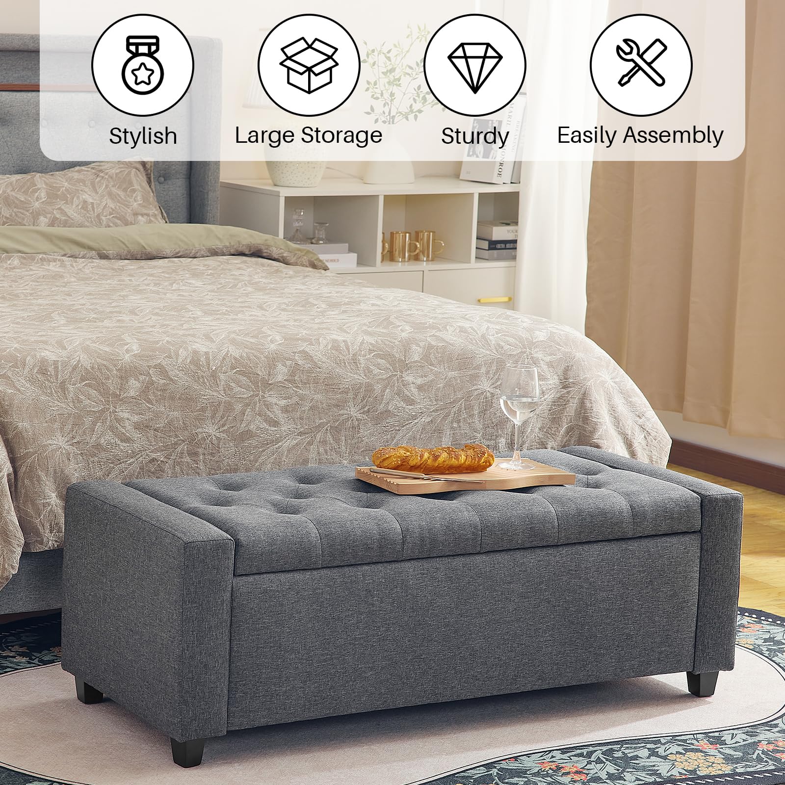 Redlife Storage Ottoman Bench - 19 x 48 x 16.5 Inch Button Tufted Bedroom Bench with 400LBS Capacity, Multi-Functional Storage Ottoman for Bedroom, Living Room & Entryway (Gray) - Perfect for Small Space Organization, Extra Seating & Home Decor