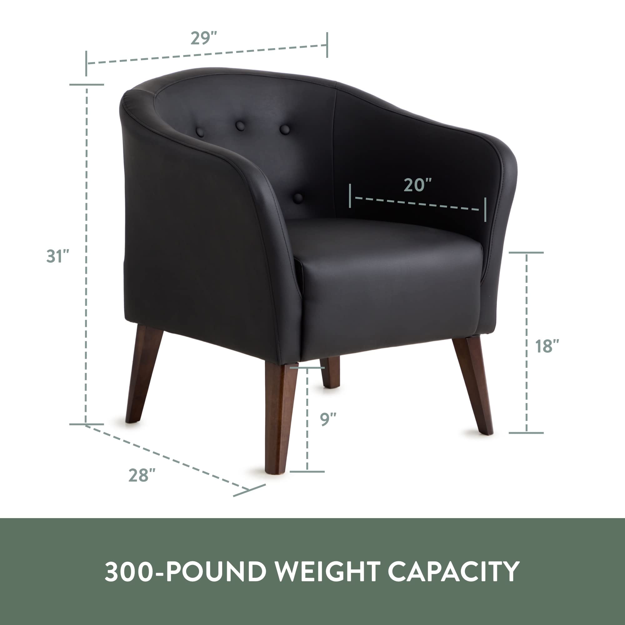 Edenbrook Collins Button Tufted Barrel Chair with Wood Legs - Black Faux Leather Upholstered Tub Chair for Living Room, Bedroom, or Office - Perfect Accent Seating for Home Decor