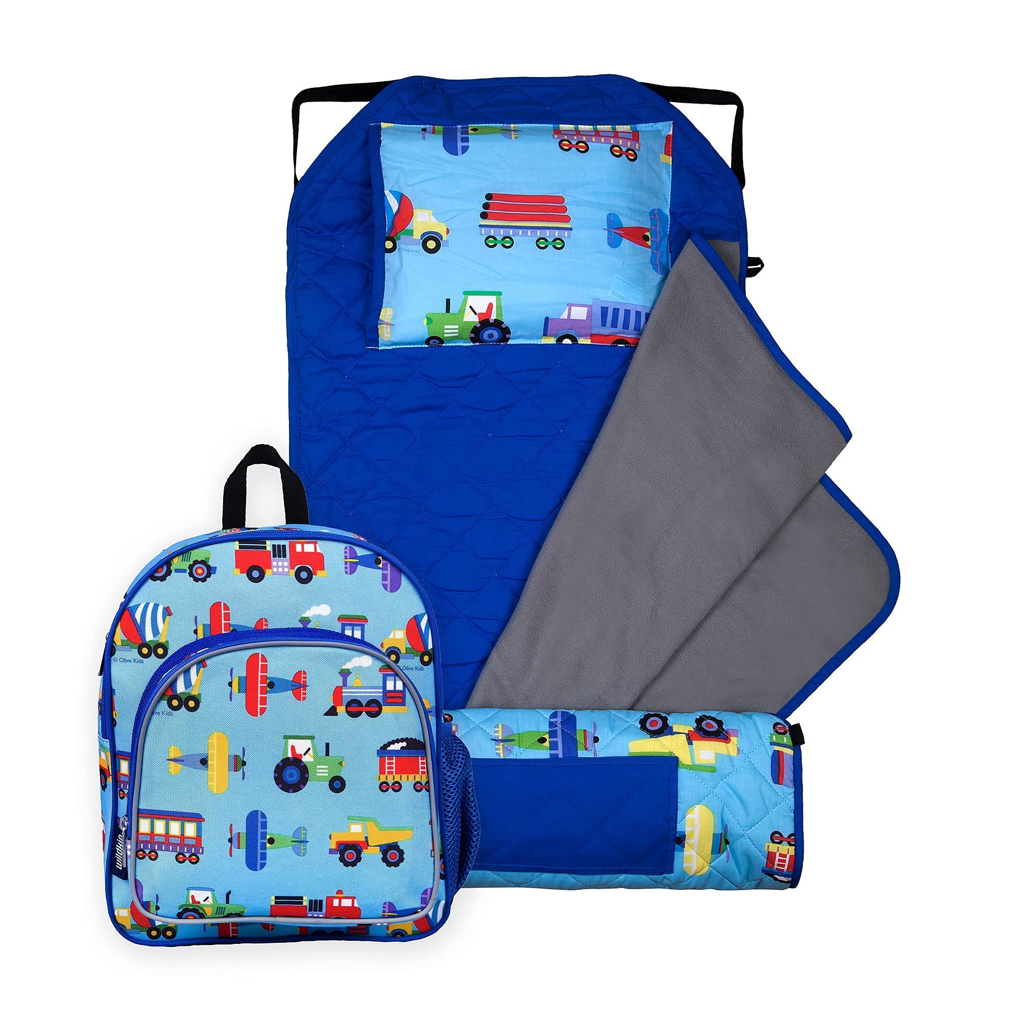 Wildkin 12 Inch Kids Backpack with Modern Nap Mat - Trains, Planes & Trucks Design for Boys & Girls | Perfect for Preschool, Daycare, Travel & Sleepovers