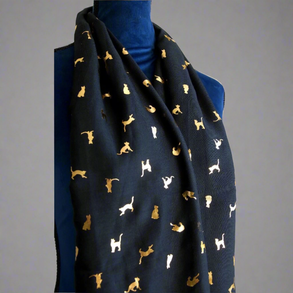 Stylish Black Biccari Cat Print Foil Scarf - Fashionable Accessory for Women, Perfect for Parties, Holidays & Everyday Wear