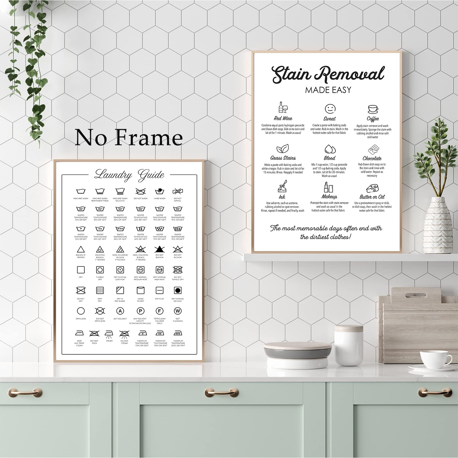 Modern Laundry Room Wall Art - Minimalist Black & White Laundry Care Guide Poster with Stain Removal Symbols (16x24 Inches, Set of 2, Unframed) - Perfect for Laundry Room Decor, Home Organization & Gift Ideas