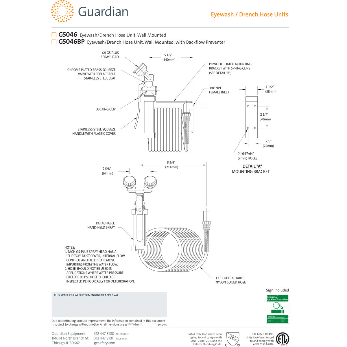 Guardian G5046BP Wall Mounted Eyewash & Drench Hose Unit with Backflow Preventer - Emergency Eye Wash Station for Laboratories, Factories & Industrial Safety