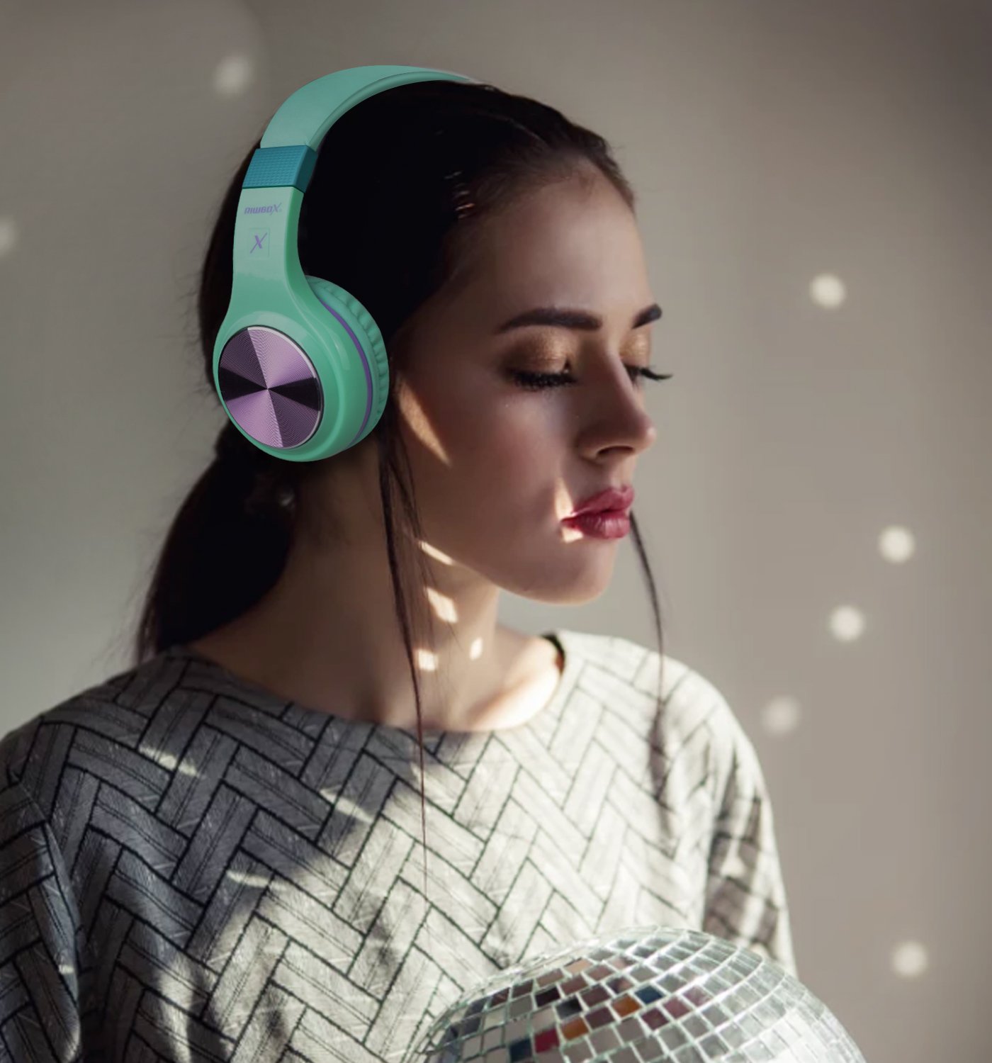 Riwbox XBT-80 Wireless Bluetooth Headphones Over Ear with Microphone, Foldable Stereo Headset with Volume Control for PC/Phone/TV/Gym, Purple Green - Perfect for Workouts, Travel & Home Entertainment