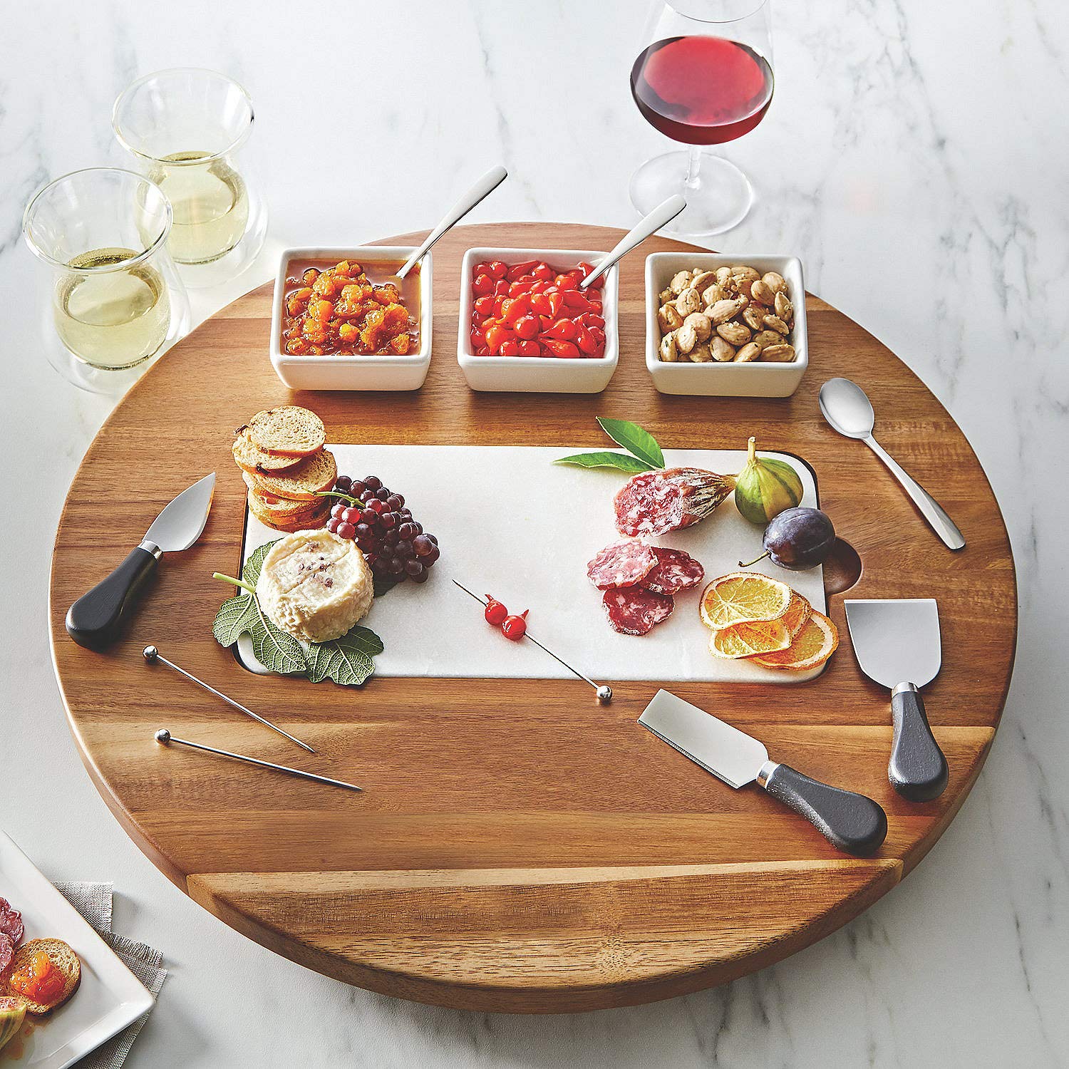 Premium Acacia Wood Lazy Susan Cheese Board Set with Removable Marble Cooling Insert - 14-Piece Kitchen & Dining Turntable with Cheese Knives - Perfect for Entertaining, Wine Pairings & Charcuterie Displays