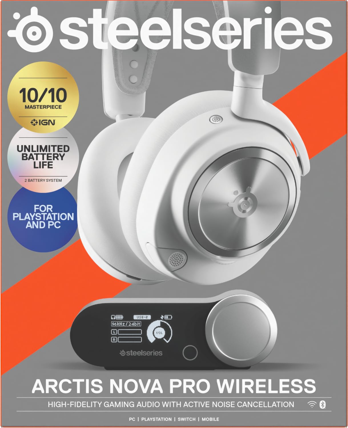 SteelSeries Arctis Nova Pro Wireless Gaming Headset with Active Noise Cancellation - Hi-Res Neodymium Drivers - Infinity Power System - ClearCast Gen 2 Mic - Multi-Platform Compatible (PC, PS5, Nintendo Switch, Mobile) - White - Perfect for Competitive Gaming, Streaming & Home Office Use