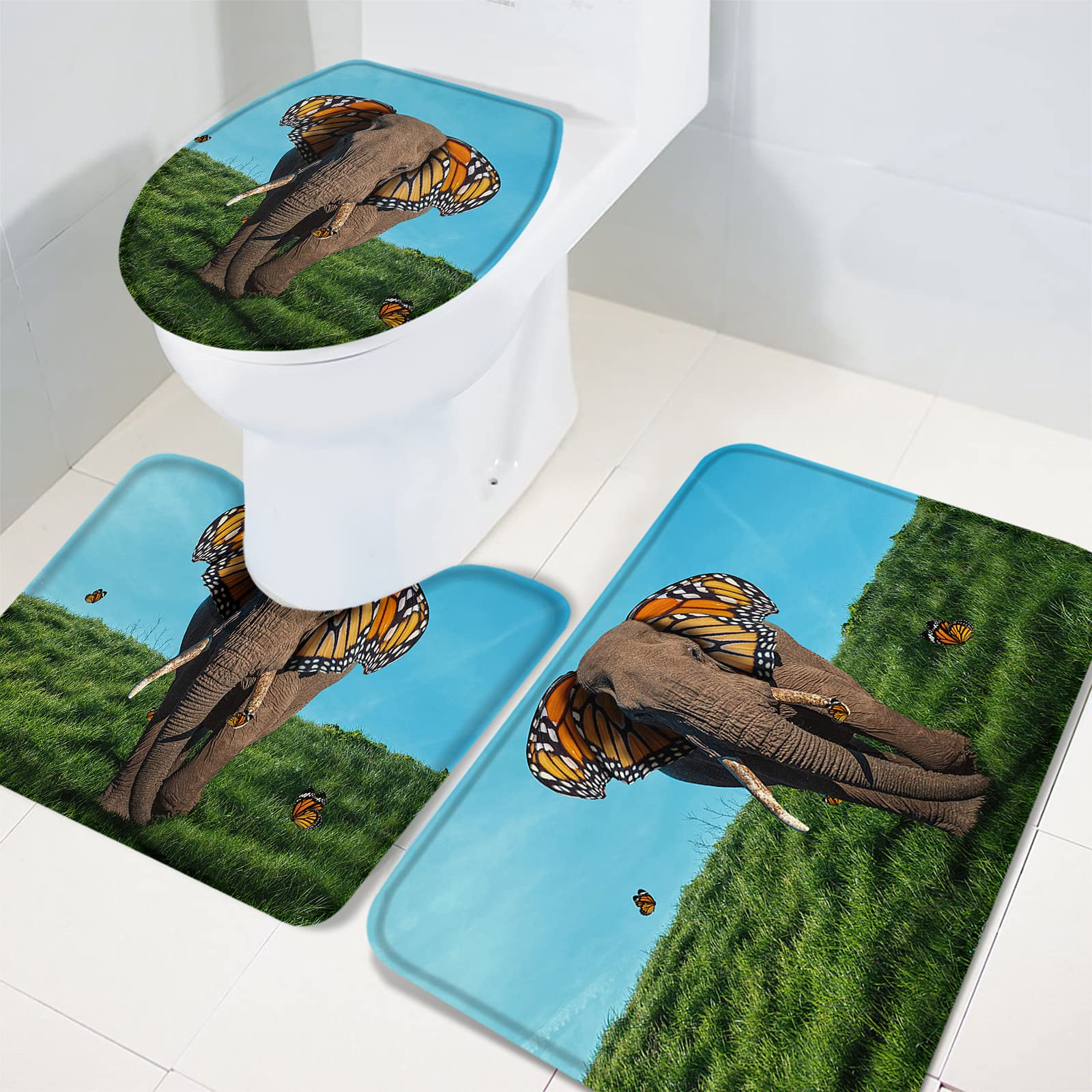 3-Piece Non-Slip Bathroom Rug Set - Elephant with Butterfly Ears Contour Mat & Toilet Cover, Soft Absorbent Shower Mats in Green Grass Landscape Design | Perfect for Bathroom Safety and Decor