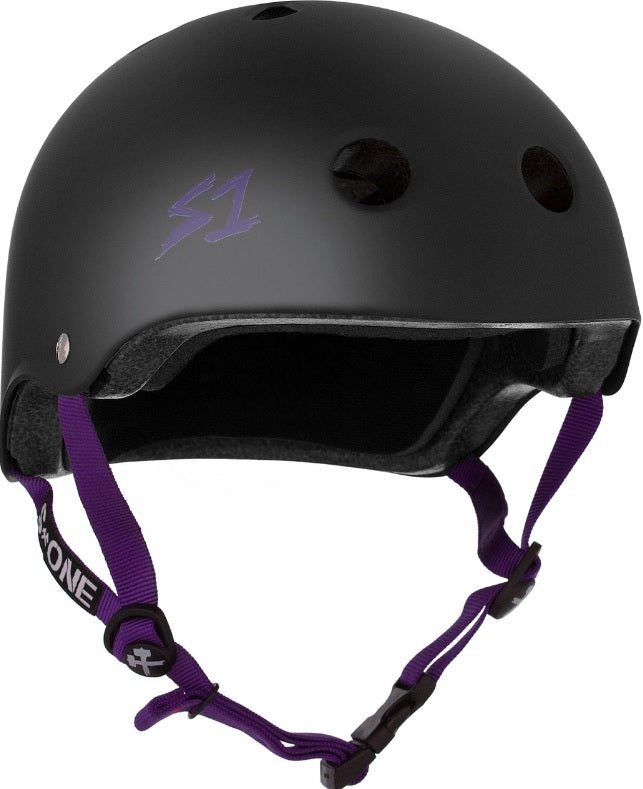 S1 Lifer Skateboard Helmet - Black Matte with Purple Strap - Certified Safety for Skateboarding, Biking & Scooter Riding