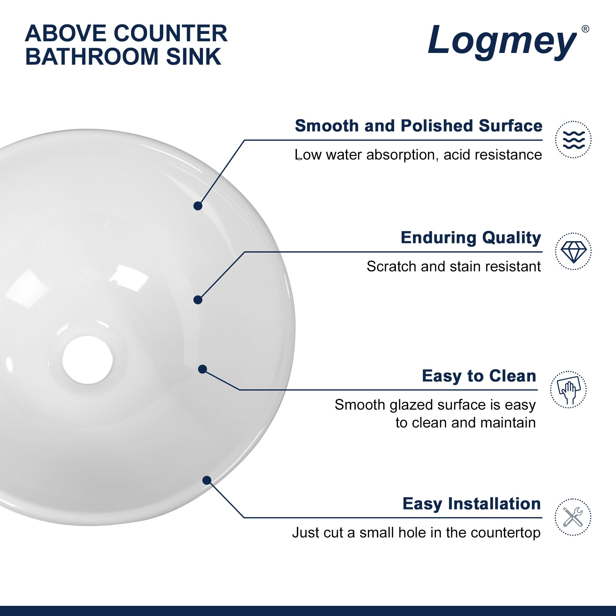 Logmey 16x16 Inch Round White Porcelain Vessel Sink - Modern Above Counter Bathroom Vanity Basin for Powder Room, Guest Bath & Master Bath | Durable Ceramic Design