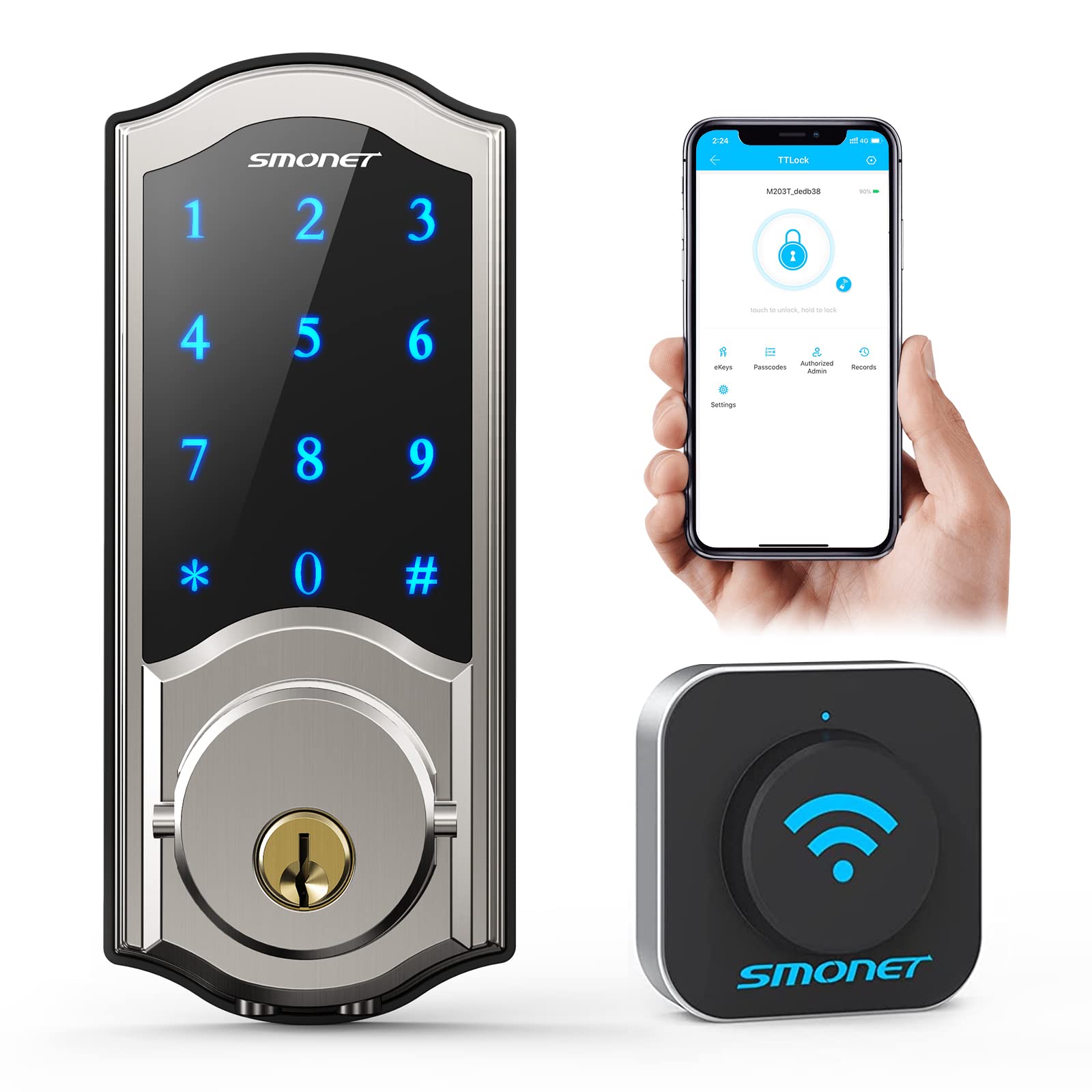 SMONET Wi-Fi Smart Lock Keyless Entry Door Lock with Electronic Keypad & Deadbolt - Front Door Smart Lock with Gateway Hub, App Control, Auto Lock, Alexa Compatible, Remote Access (Silver) - Perfect for Home Security, Vacation Rentals & Smart Home Automation