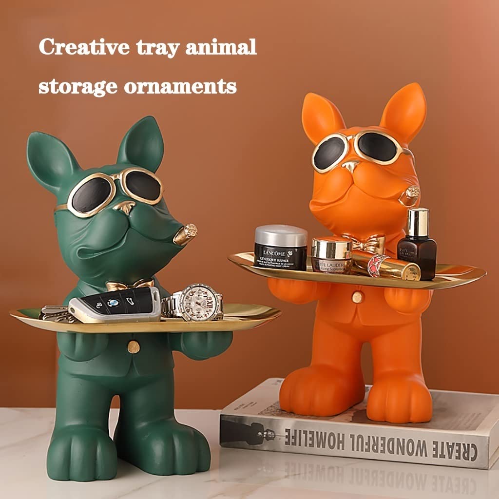LEIYAN Bulldog Statue Key Holder & Jewelry Dish - Resin Home Decor Tray for Entryway, Desktop, or Countertop - Organize Keys, Jewelry, Nuts, Snacks & Fruits - Perfect for Living Room, Bedroom, or Office Decor (Orange)