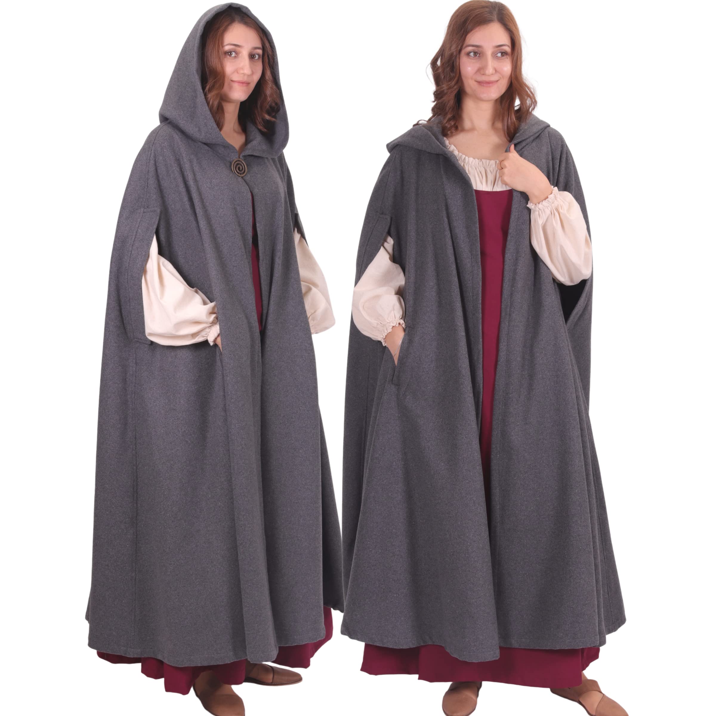 KAYLA Medieval Viking Wool Cloak - Long Hooded Maxi Coat with Pockets & Sleeves | Perfect for Renaissance Fairs, LARP Events, and Historical Reenactments