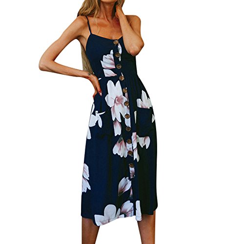 Women's Floral Print Spaghetti Strap Backless Halter Midi Dress - Sleeveless Summer Beach Sundress for Cocktail Party & Vacation Wear
