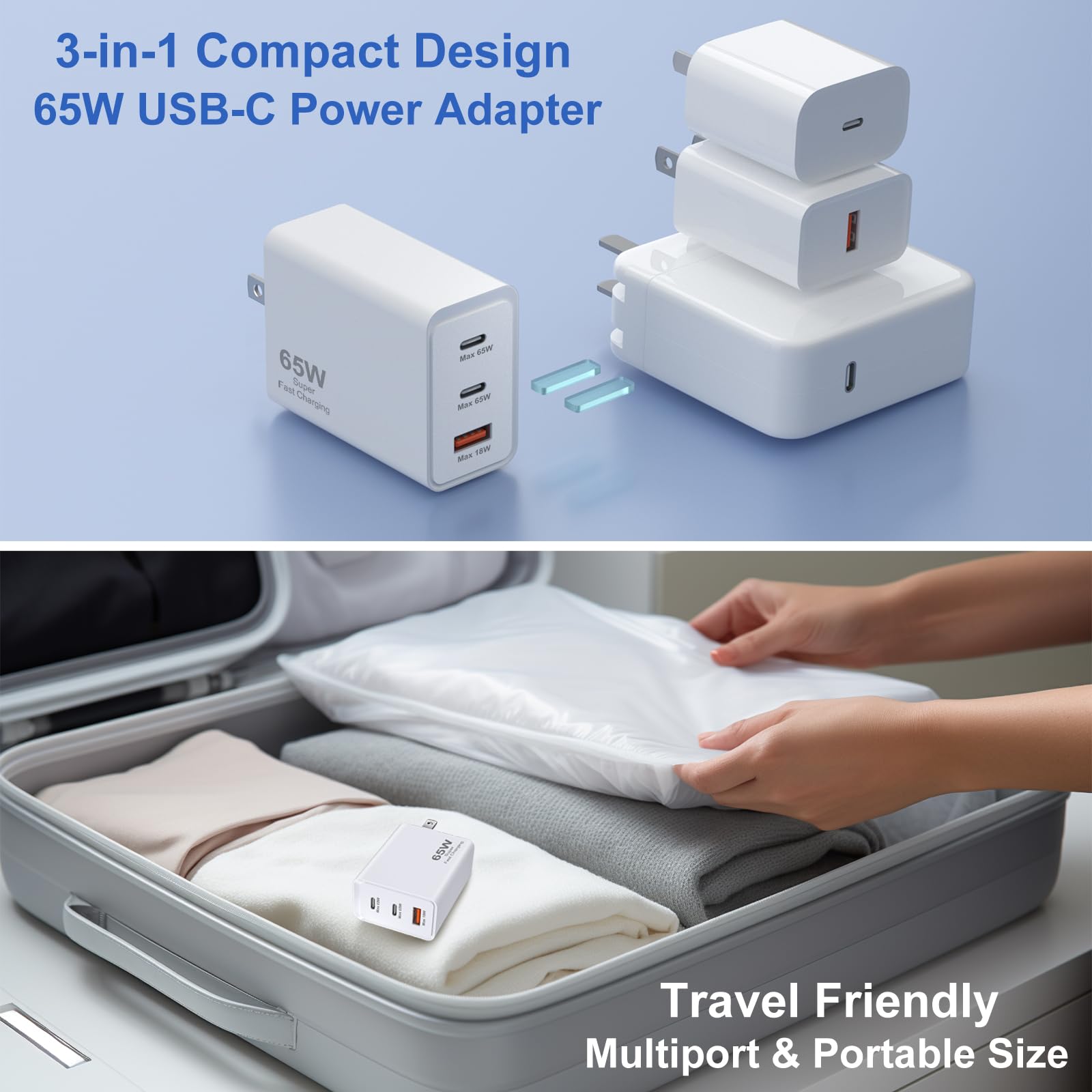65W USB C Fast Charger with 3 Ports - PD/QC/PPS Compatible Wall Charger for MacBook, iPad, iPhone 16/15/14/13 Pro Max, Samsung Galaxy S24/S23/Note20 - Perfect for Travel, Office & Home Charging