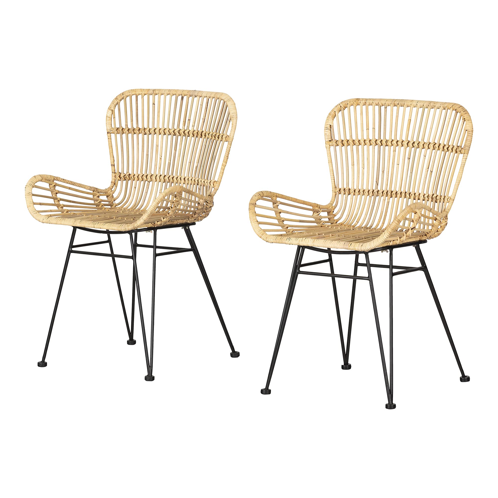 South Shore Balka Dining Chairs with Armrests, Set of 2 - Rattan & Black Modern Kitchen Chairs for Dining Room, Breakfast Nook or Patio