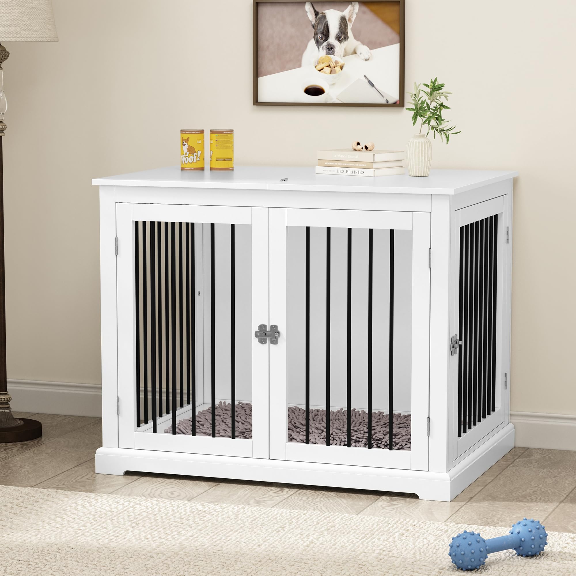 Stylish White Dog Crate Furniture with Cushion - Large Indoor Kennel for Big Dogs | Flip-Top End Table Design with Chew-Proof Metal Bars | Perfect for Living Room, Bedroom or Office Pet Space