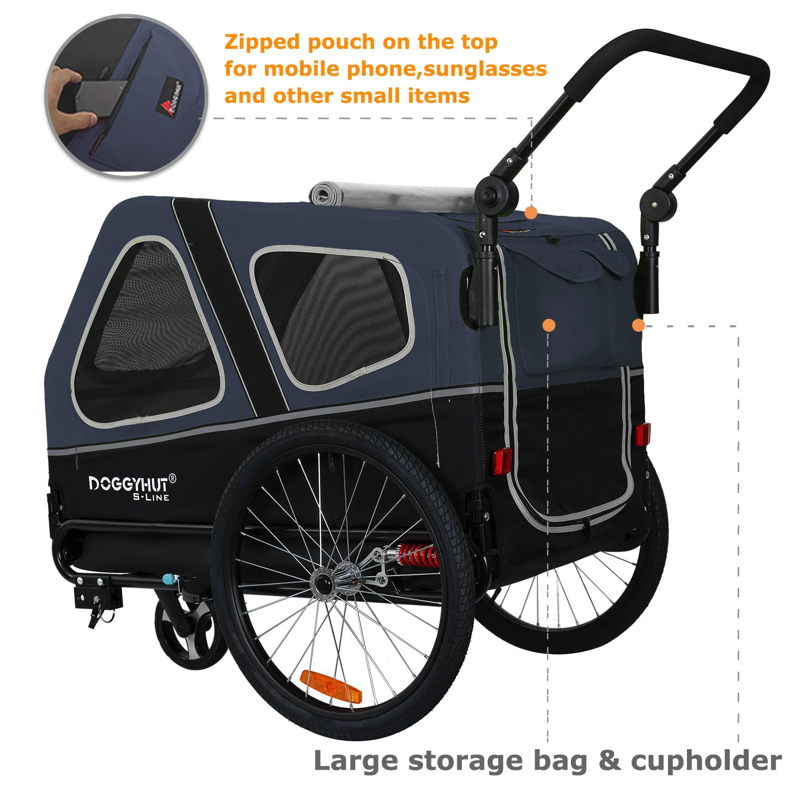 DOGGYHUT® S-Line XL Pet Bike Trailer & Stroller for Large Dogs Up to 100 lbs - Foldable Dog Cart with Suspension Wheels, Low Center Gravity & Parking Brakes - Perfect for Cycling, Jogging & Outdoor Adventures with Your Dog