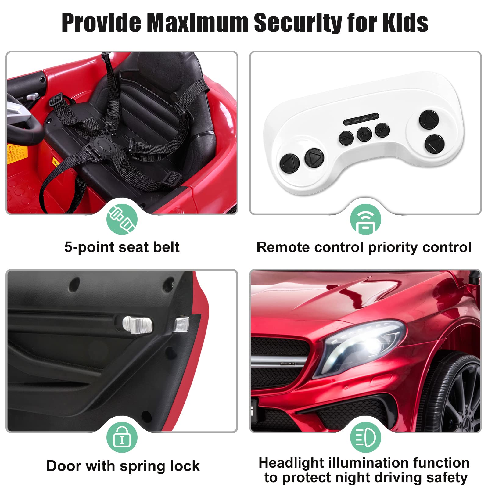 12V Kids Ride On Car with 2.4G Remote Control - Battery Powered Electric Toy Vehicle for Toddlers with Double Doors, 5-Point Safety Belt & LED Lights (Red) - Perfect for Indoor & Outdoor Play, Birthday Gifts and Family Fun Activities