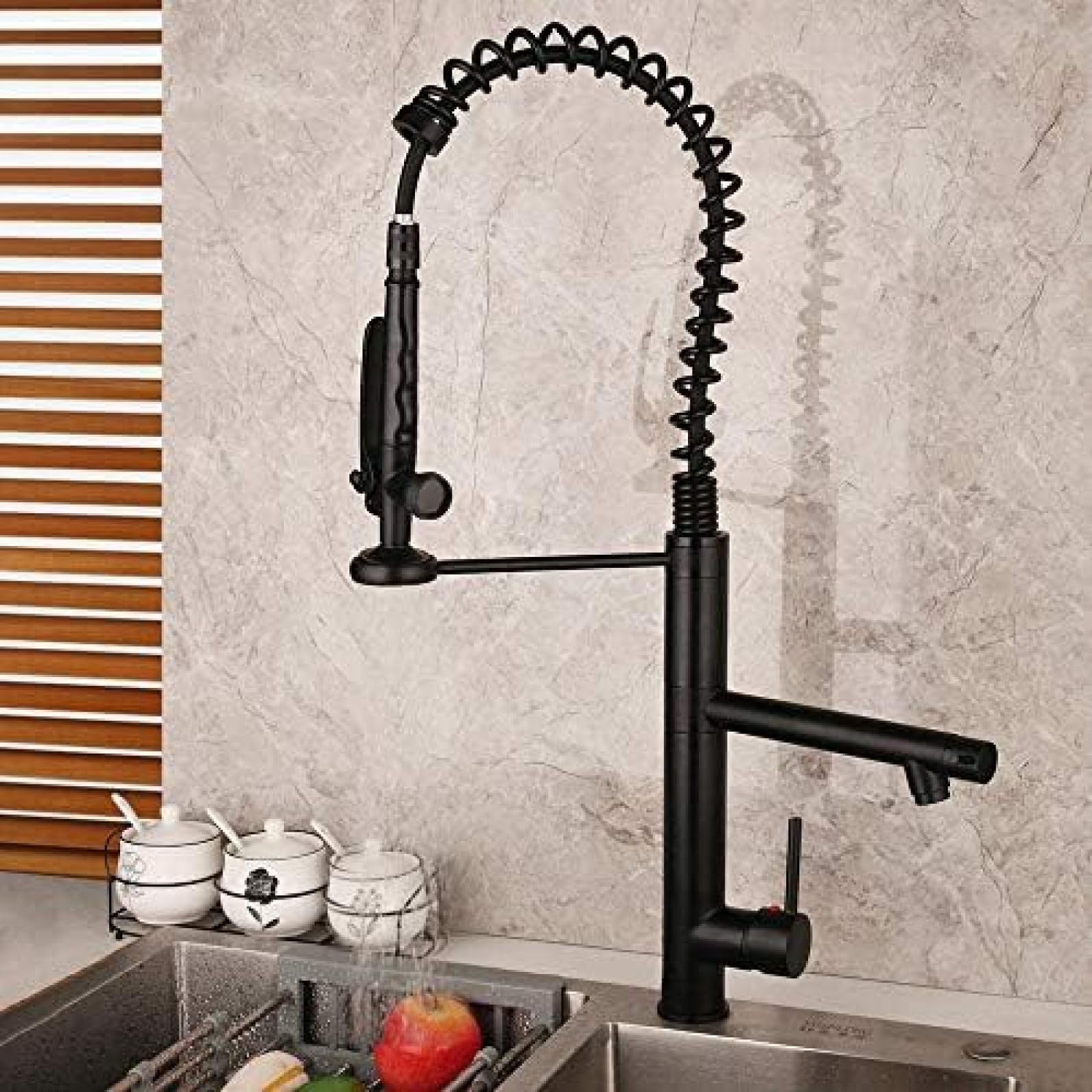 CRJUS Matte Black Tall Spring Kitchen Faucet with Pull Down Sprayer - Hot and Cold Water Mixer Tap with 360° Rotation - Perfect for Modern Farmhouse & Commercial Kitchens