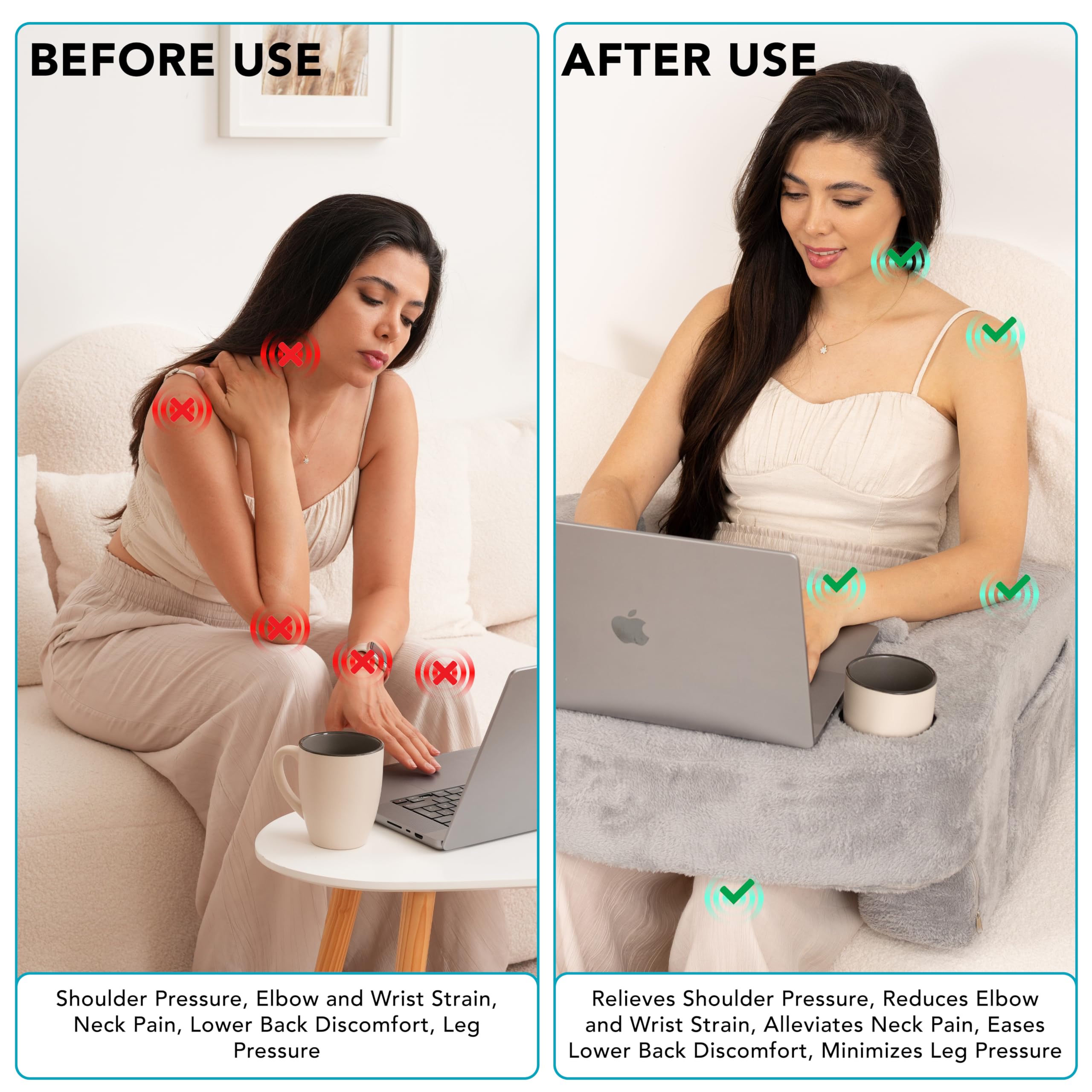 Extra Large Reading Pillow for Gaming & Work - Adjustable Lap Desk with Arm Rest, Cup Holder & Phone Holder - Laptop Support & Large Storage Pockets - Perfect for Office, Bed, Sofa & Travel (Furry Grey)