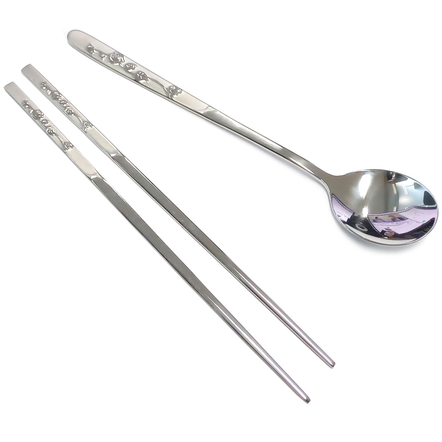SUPIA Korean Traditional Stainless Steel Cutlery Set - Reusable Long Handle Spoons & Chopsticks for Dining, Gift, or Home Decor (Silver Rose)