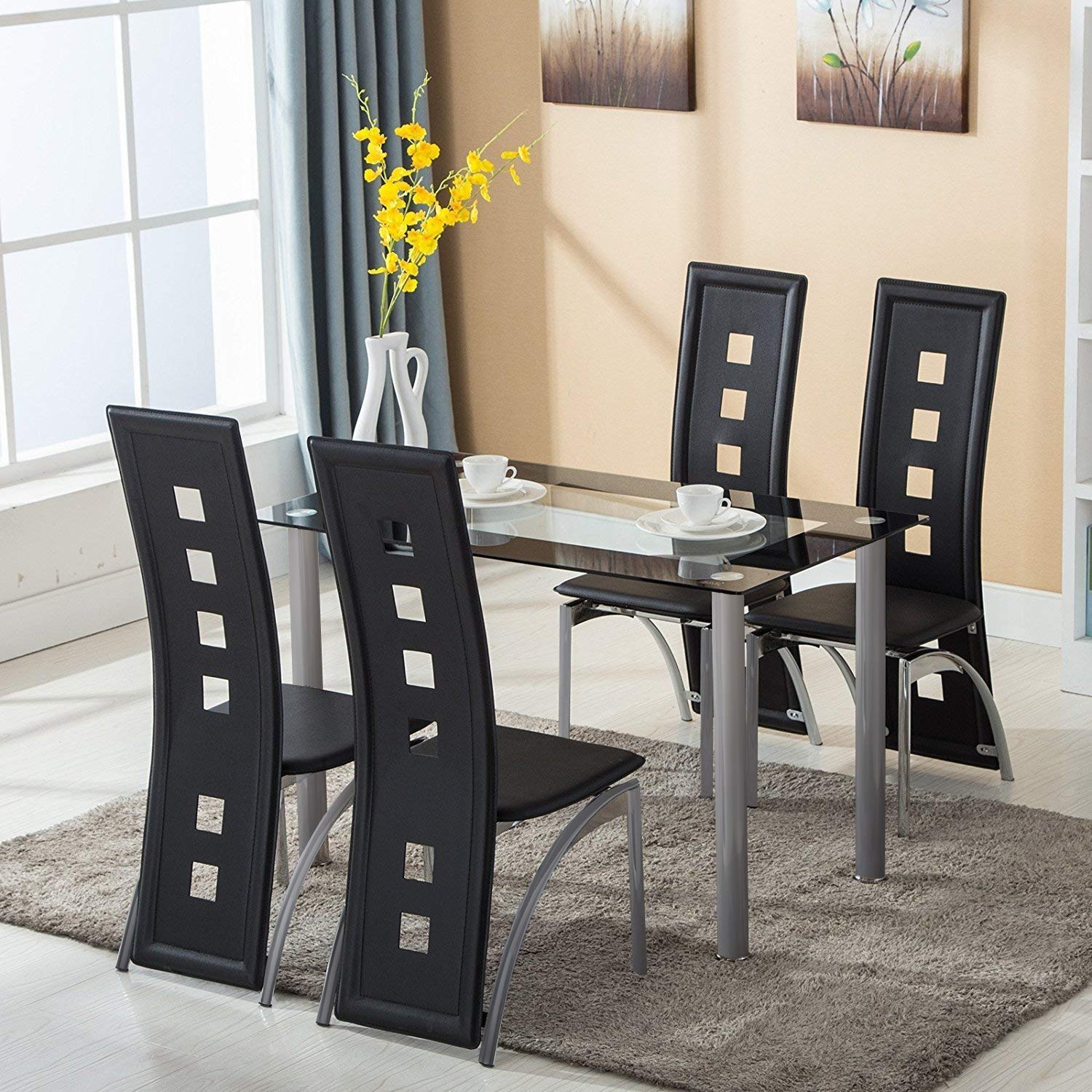 JOYBASE 5-Piece Glass Dining Table Set with Leather Chairs - Modern Kitchen Table & Chairs Furniture for Small Space, Black - Perfect for Breakfast Nook, Apartment Dining, and Family Gatherings