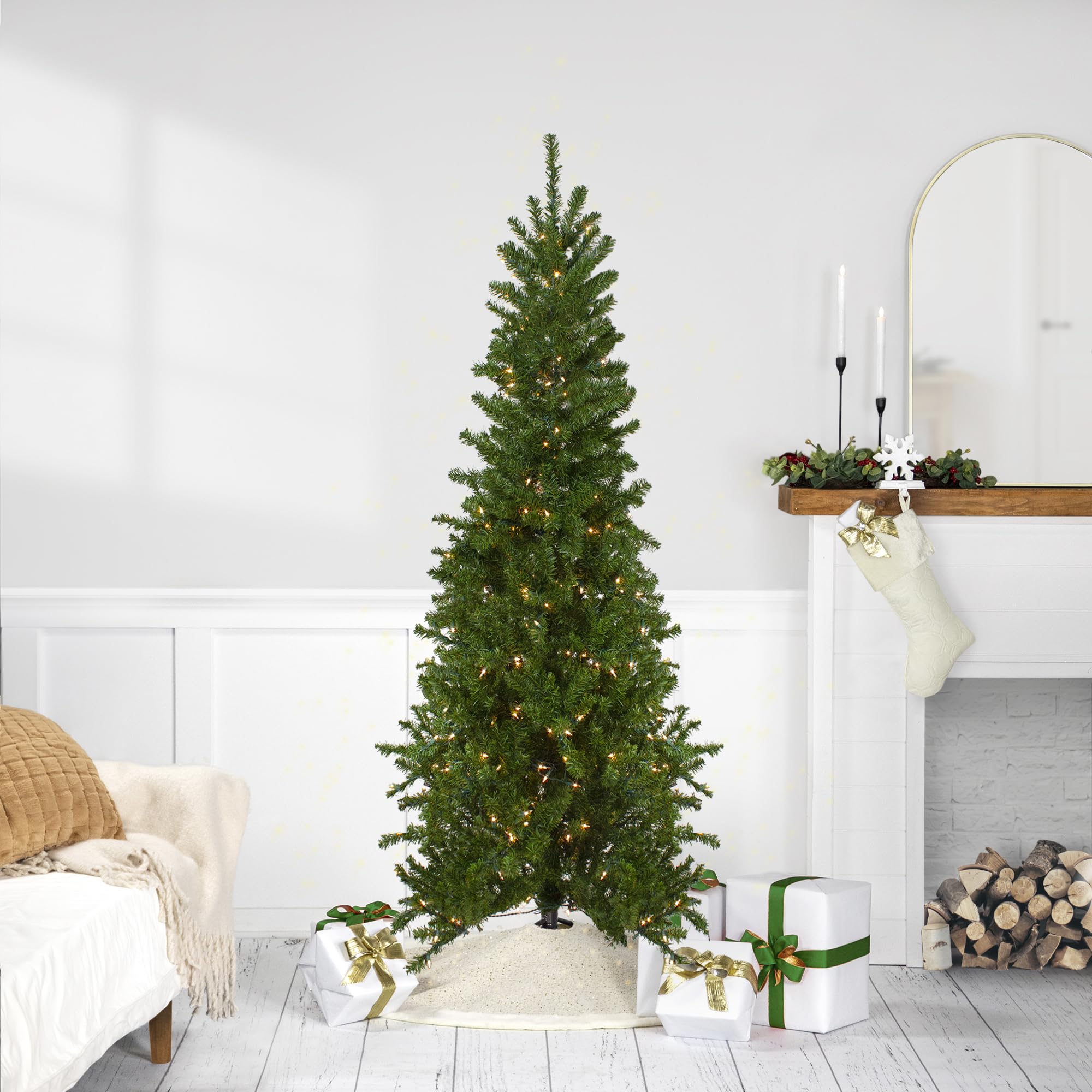 6.5ft Pre-Lit Canadian Pine Artificial Pencil Christmas Tree with Clear Lights - Slim Holiday Decor for Small Spaces, Apartments & Office Parties