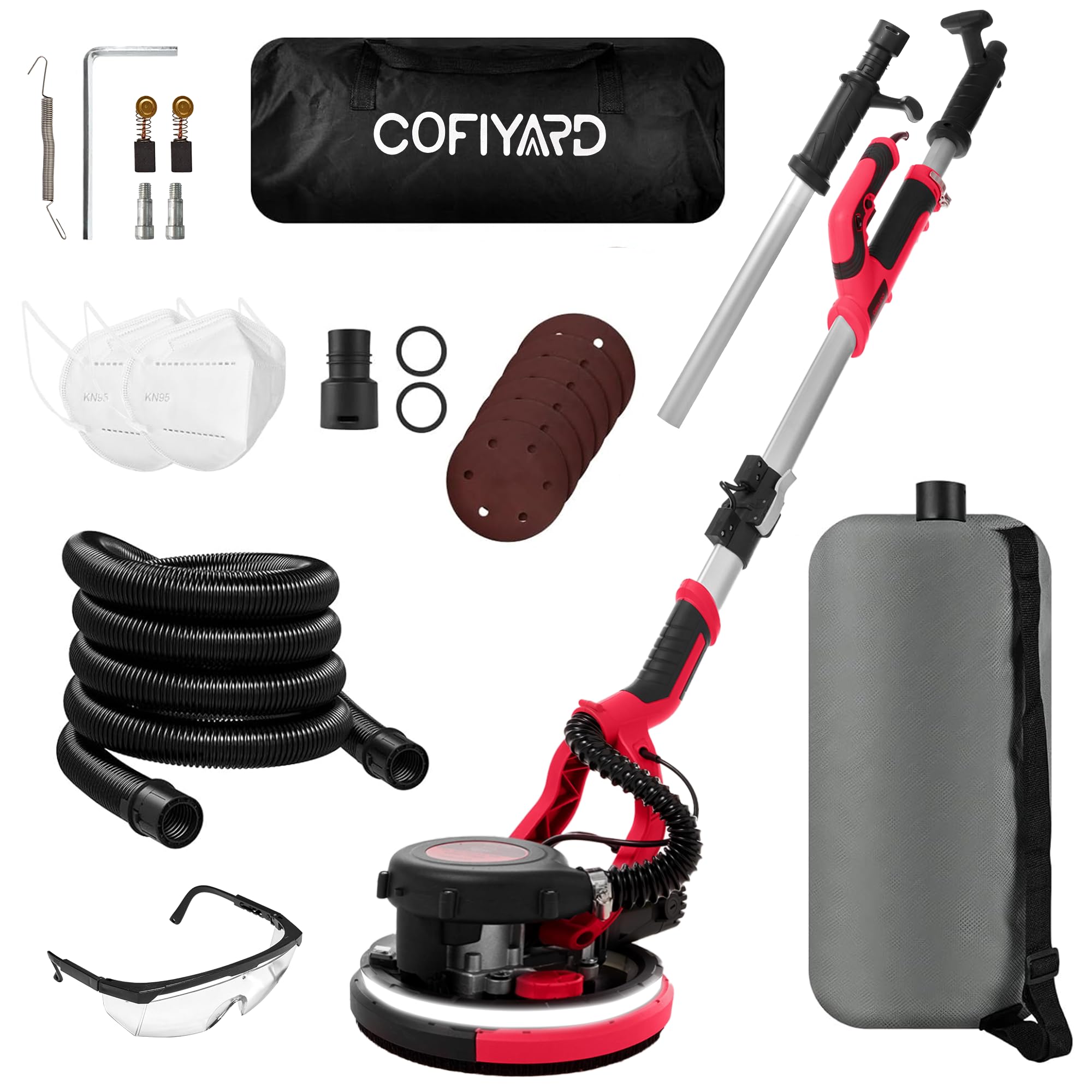 1250W Electric Drywall Sander with Vacuum Dust Collector - 7 Speed Adjustable LED Light (900-1800RPM) - Foldable Extendable Handle for Ceiling & Popcorn Removal - Professional Drywall Sanding Tool for Home Renovation and Construction Projects