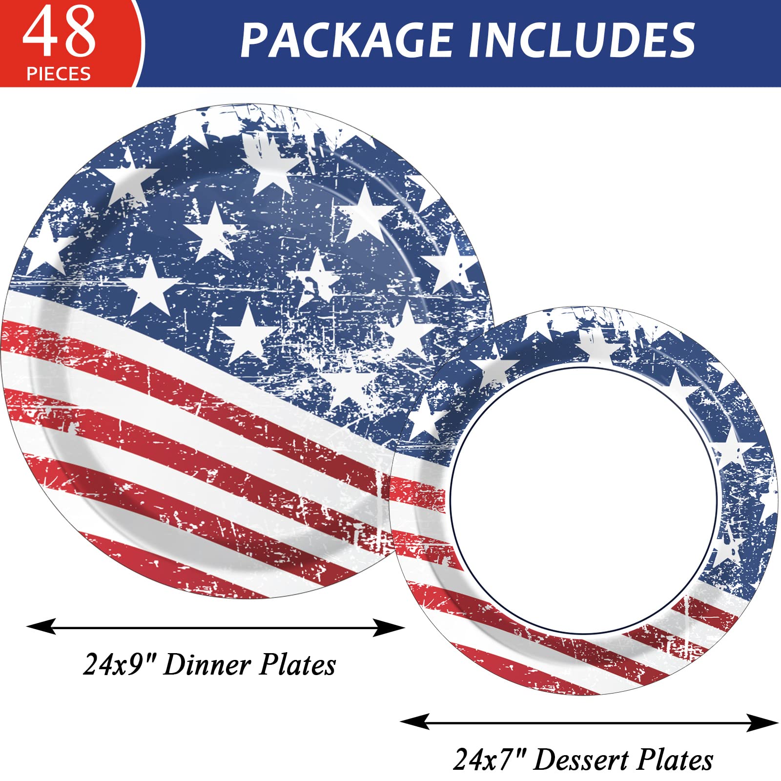 Wiooffen 48-Piece Patriotic Party Paper Plates Set - 4th of July American Flag Themed Disposable Dinnerware for Welcome Home Parties, Holidays & Birthdays (24pcs 9
