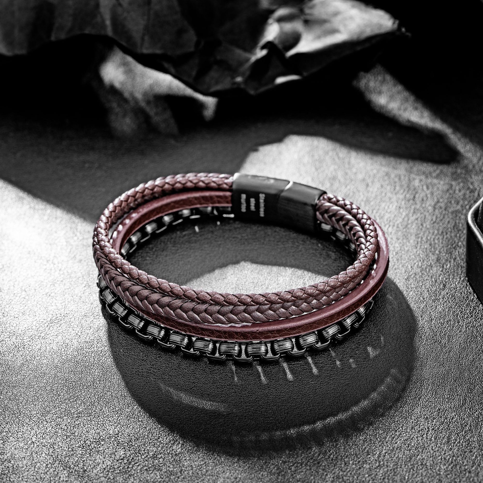 Speroto Men's Leather & Steel Bracelets with Clasp - Adjustable Chain Bracelet for Men - Stylish Gift for Boyfriend, Husband, Father - Perfect for Casual Wear, Date Night & Special Occasions