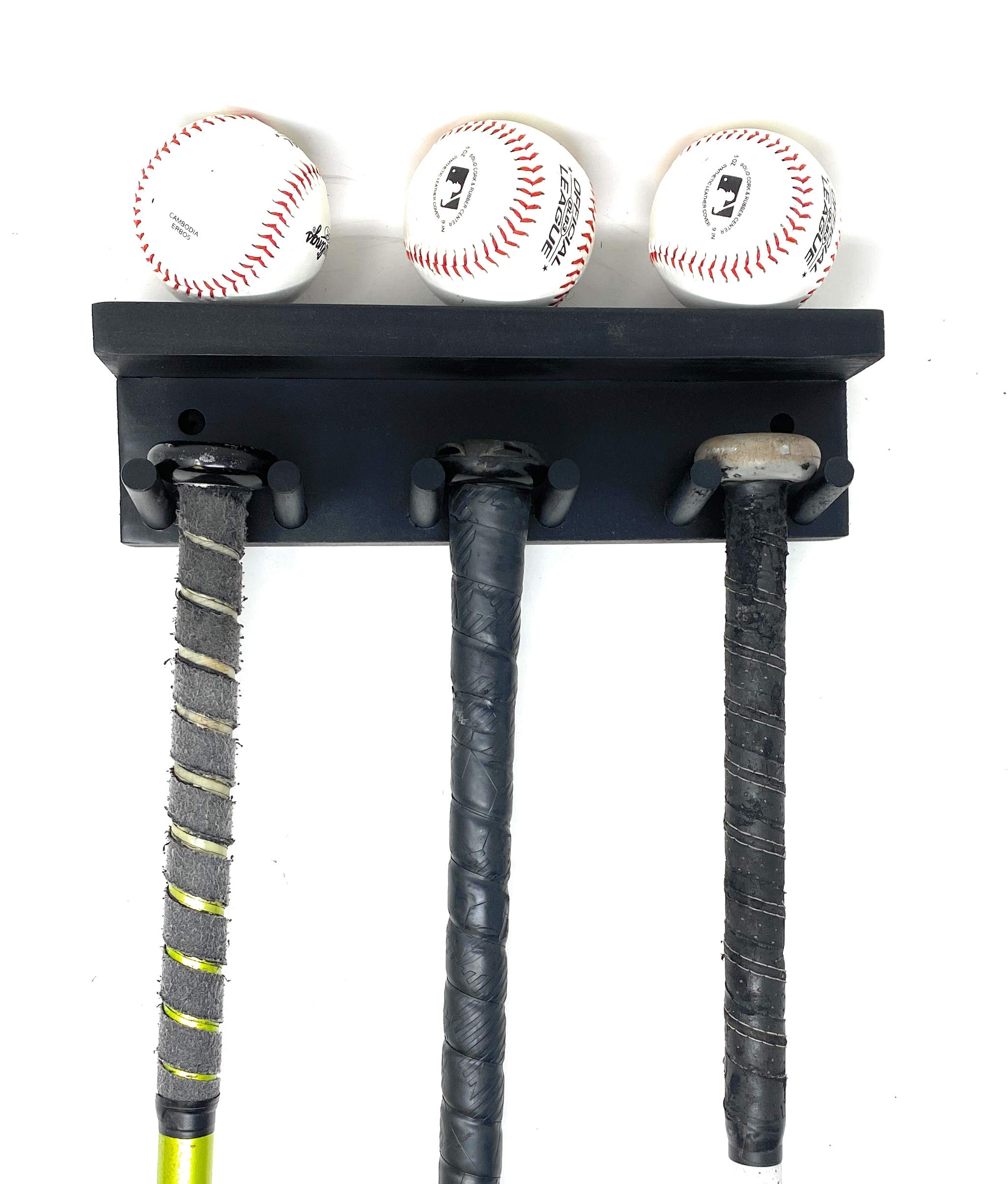 MWCSPORTSCOMPLEX Baseball & Softball Bat Rack Display - Holds 5 Full Size Bats & 3 Baseballs - Trophy Awards Wall Mount Shelf Holder (Black) - Perfect for Home, Clubhouse & Training Facility Organization