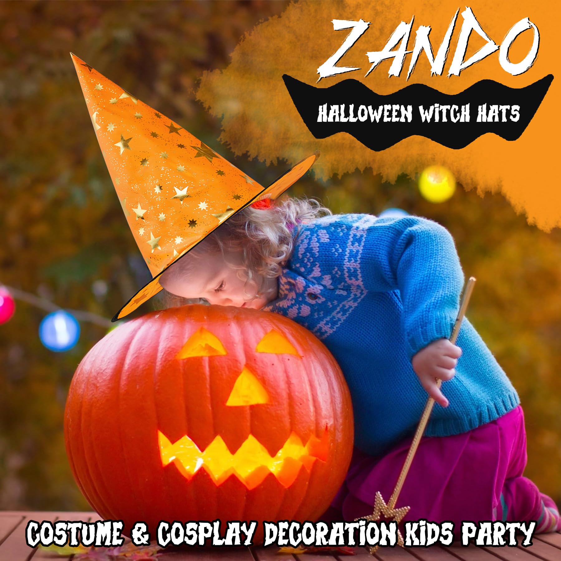 Zando Halloween Witch Hat for Kids, Boys, Girls & Women - Star Print Wizard Hat Costume Accessory for Witch Decorations & Dress Up - Perfect for Halloween Parties, Trick or Treating & Cosplay