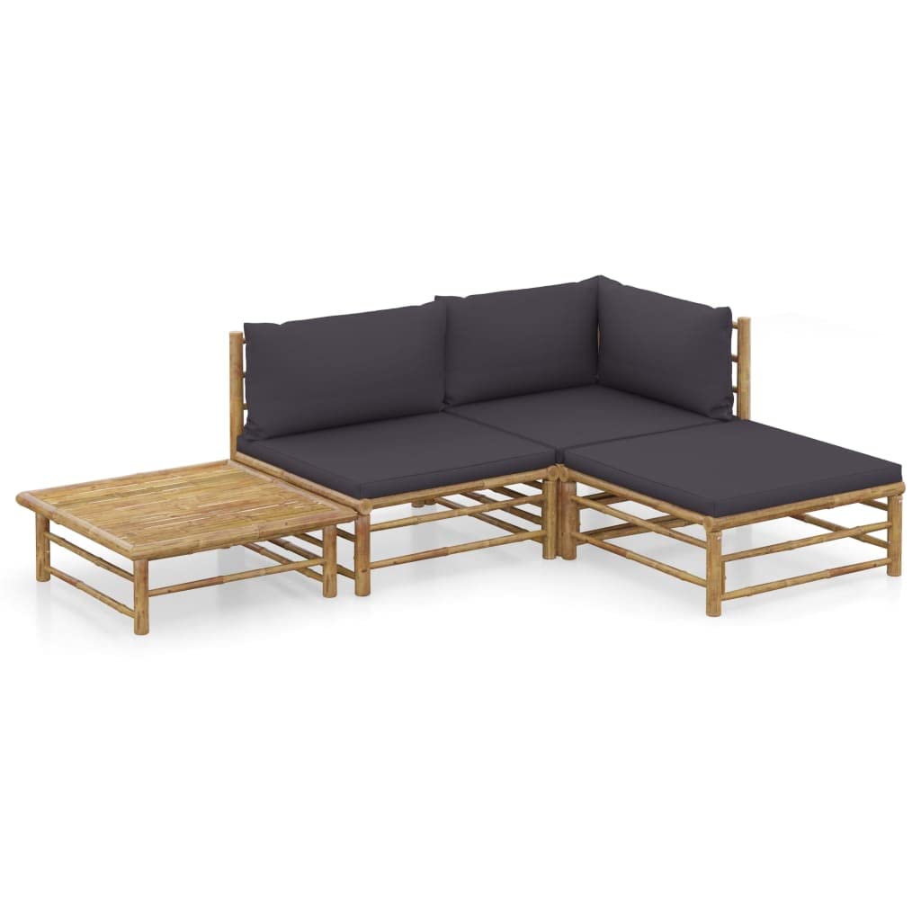 **Dark Gray 4-Piece Bamboo Patio Furniture Set with Cushions - Outdoor Dining Table & Chairs for Backyard, Garden, or Poolside Relaxation**