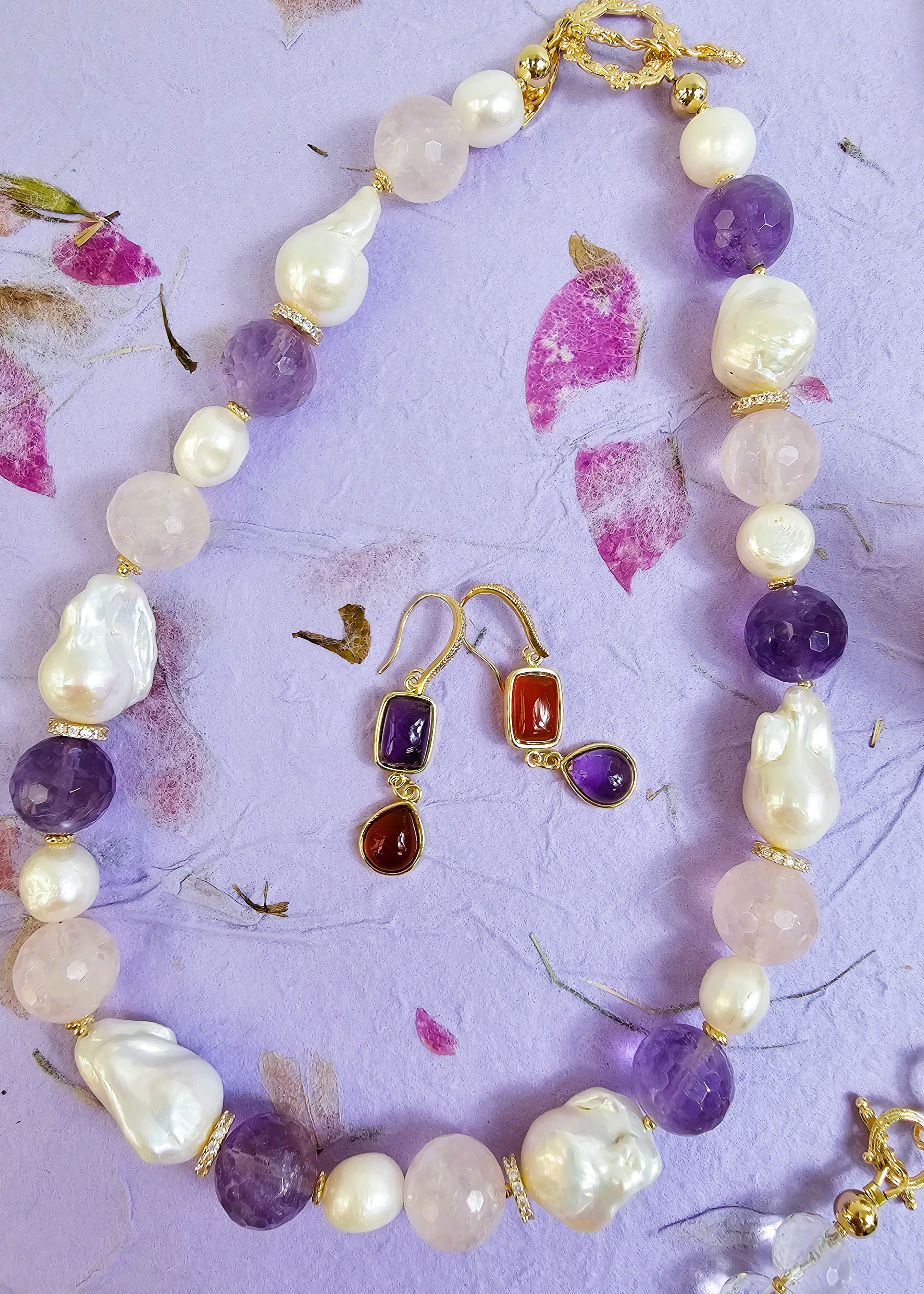 Red Agate & Purple Amethyst Dangle Earrings for Women | Elegant Handmade Gemstone Jewelry | Perfect for Parties, Weddings & Special Occasions