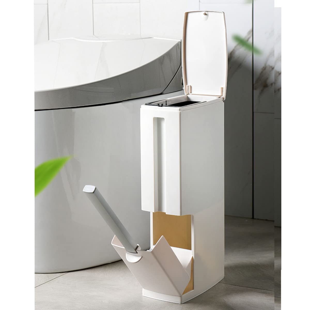 3-in-1 Slim Bathroom Trash Can with Pop-Up Lid & Built-in Brush Holder - 5 Liter Modern Rectangular Waste Bin for RV, Home, or Office - Press Top White/Ivory Garbage Can for Bathroom, Kitchen & Small Spaces