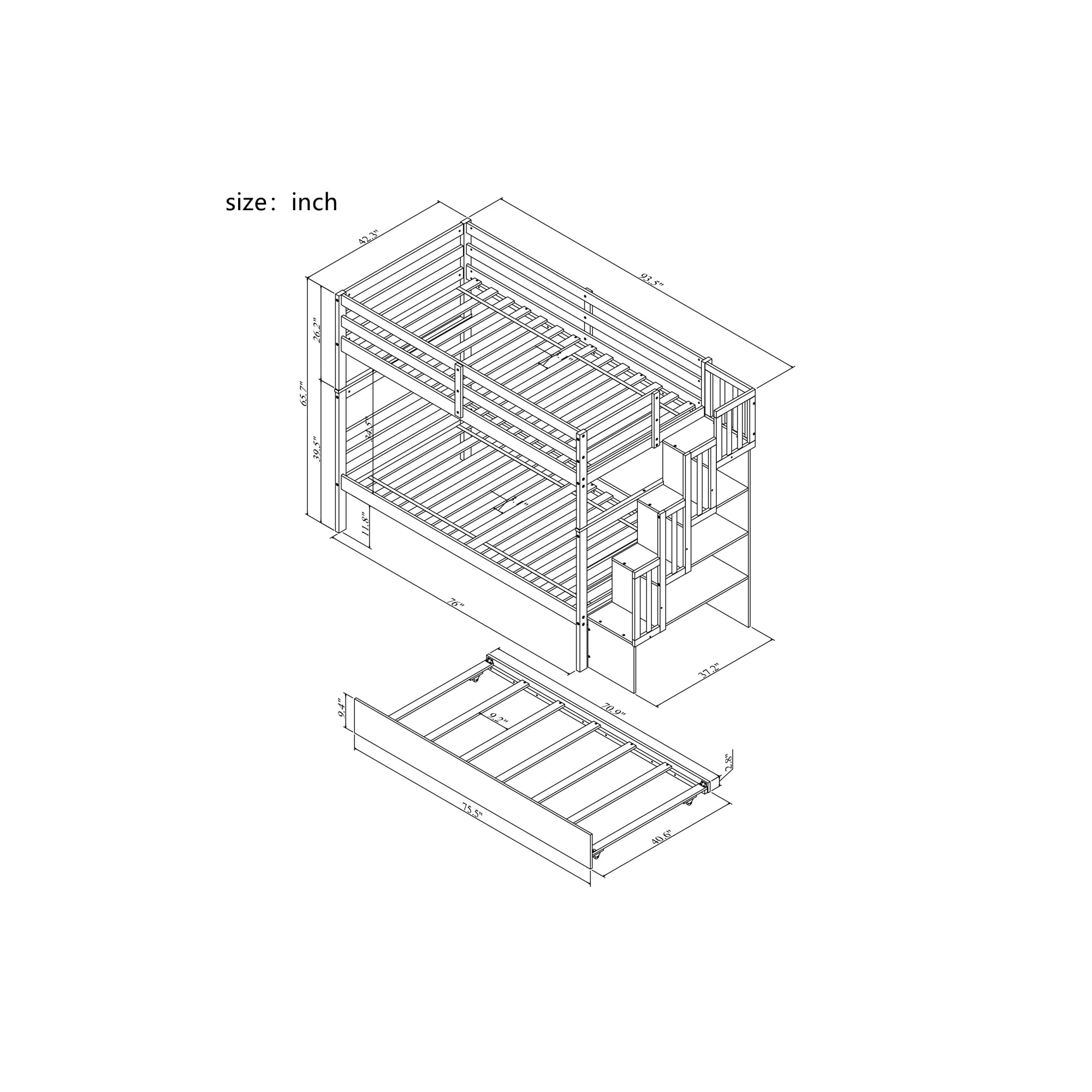 Harper & Bright Designs Twin Over Twin Bunk Bed with Trundle & Storage Shelf - Solid Wood Staircase Bunk Bed for Kids, Teens & Adults - Space-Saving Grey Bunk Bed for Small Rooms, Guest Rooms & Vacation Homes - No Box Spring Needed