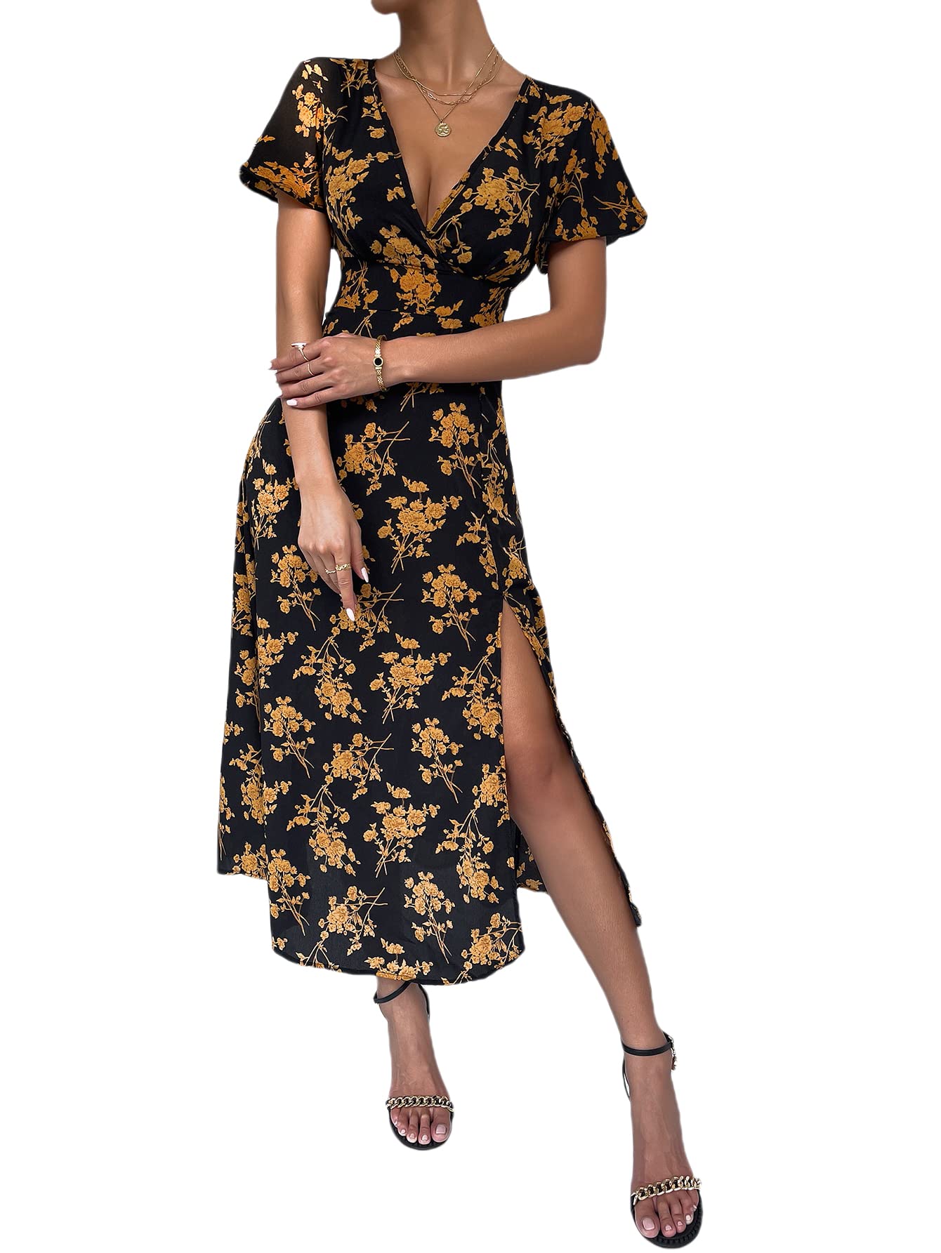 WDIRARA Women's Floral Print Deep V Neck Short Sleeve Midi Dress with Thigh Split - Summer Casual, Beach Cover Up, Party Wear, Date Night Outfit