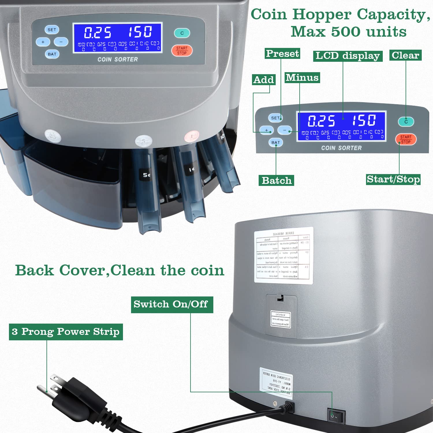 8T8 Professional Automatic Coin Sorter and Wrapper Machine - LCD Display, 5 Coin Bins & Tubes - Fast Money Counting for Banks, Retail Stores, and Small Businesses (USD Coin Counter)