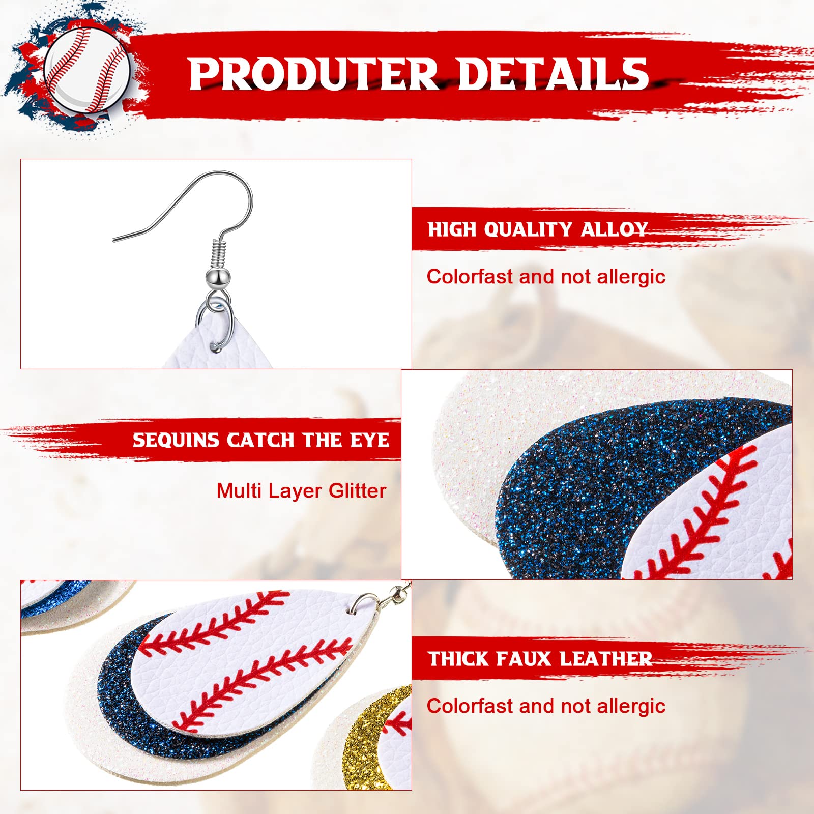 Highergo 12 Pairs Women's Baseball Stud Earrings - Geometric Glitter Dangle Softball Jewelry for Sports Fans - Perfect Gift for Baseball Lovers, Game Day Accessories & Casual Wear