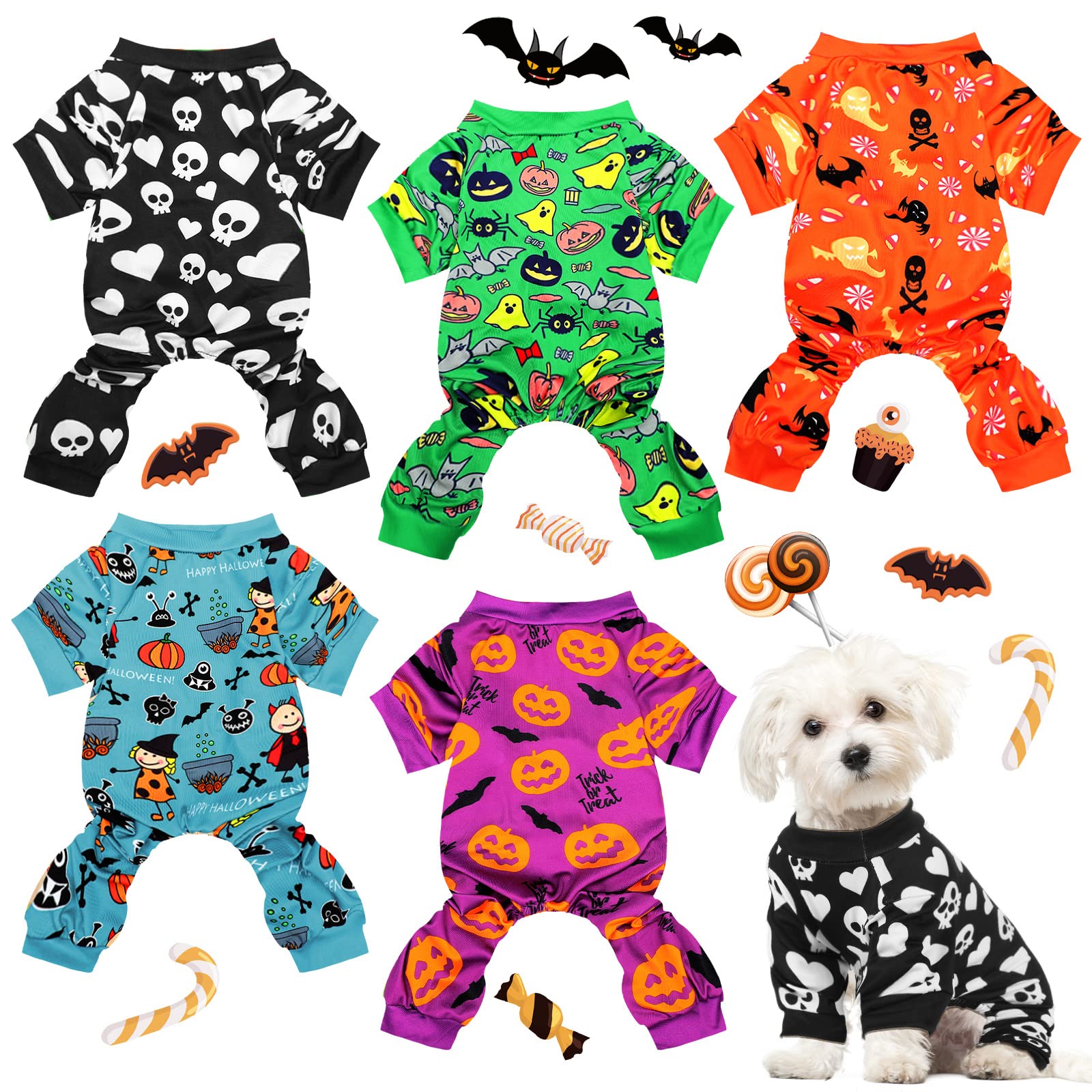 5-Piece Dog Winter Pajamas Set - Cute Puppy Bodysuit with Skull & Ghost Print, Pumpkin Pet Costume for Halloween - Warm Holiday Dog Shirts for Small Medium Large Dogs - Perfect for Christmas, Halloween Cosplay & Indoor Winter Wear